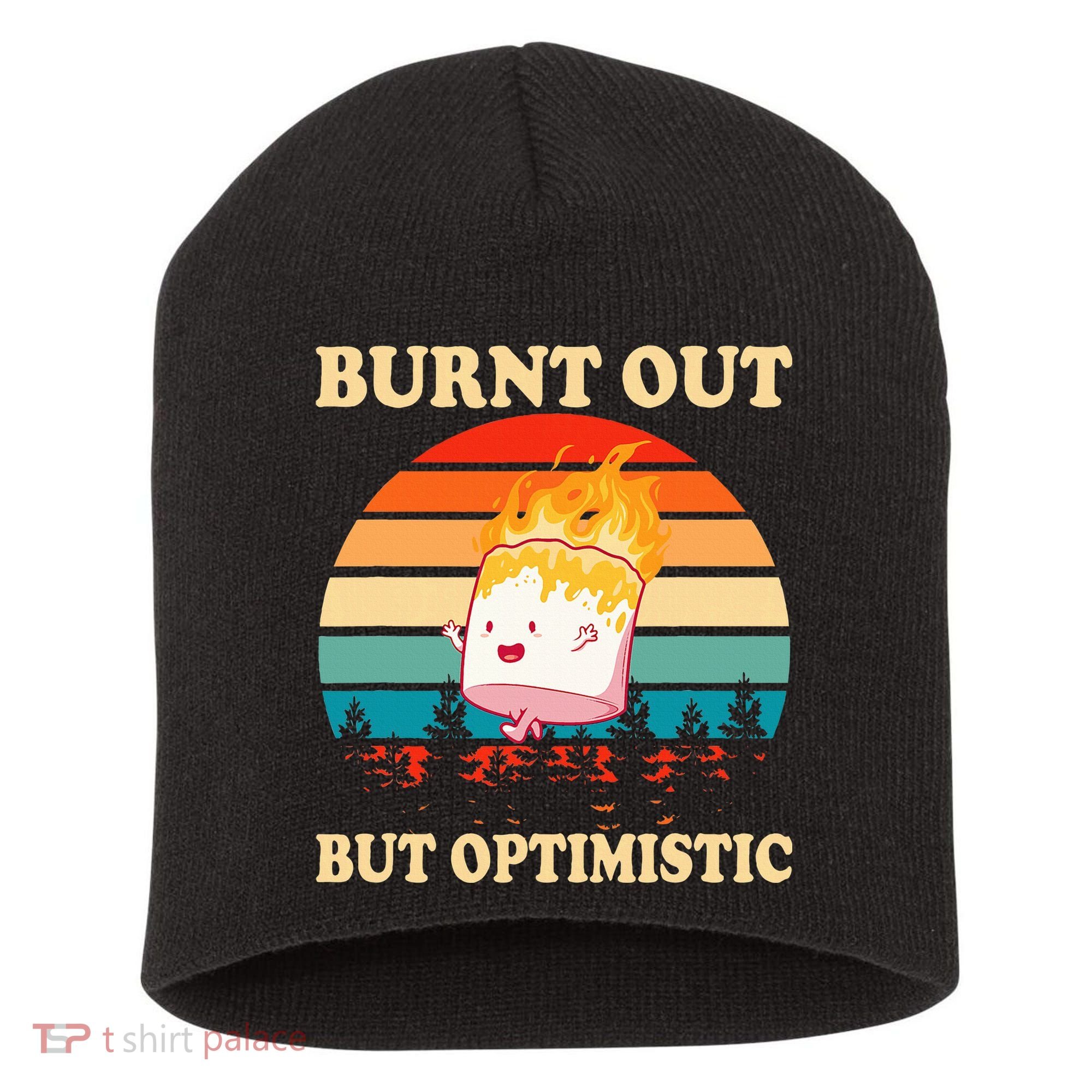 Burnt Out But Optimistic Marshmallow Retro Sunset Camping Short Acrylic Beanie