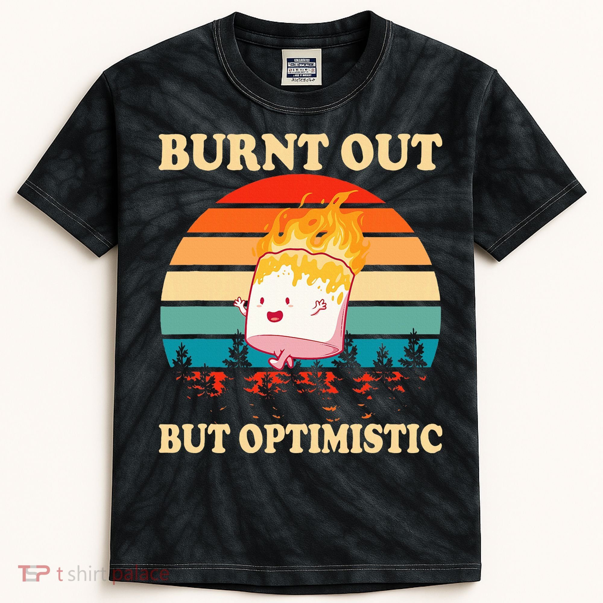 Burnt Out But Optimistic Marshmallow Retro Sunset Camping Kids Tie-Dye T-Shirt