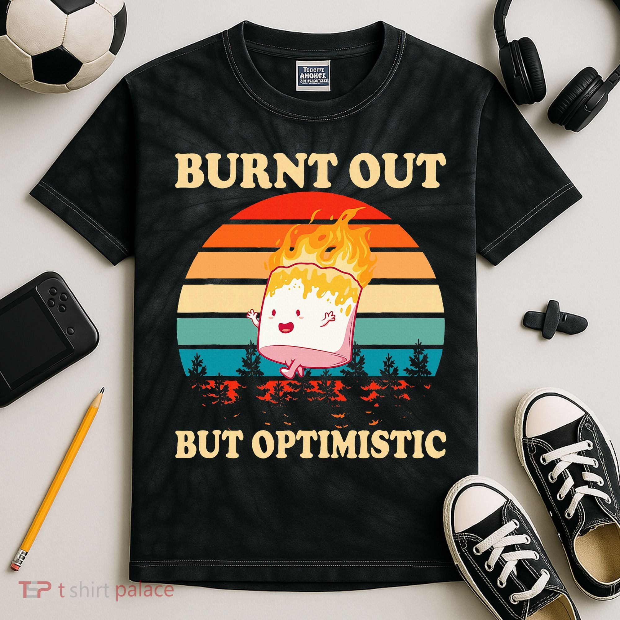 Burnt Out But Optimistic Marshmallow Retro Sunset Camping Kids Tie-Dye T-Shirt