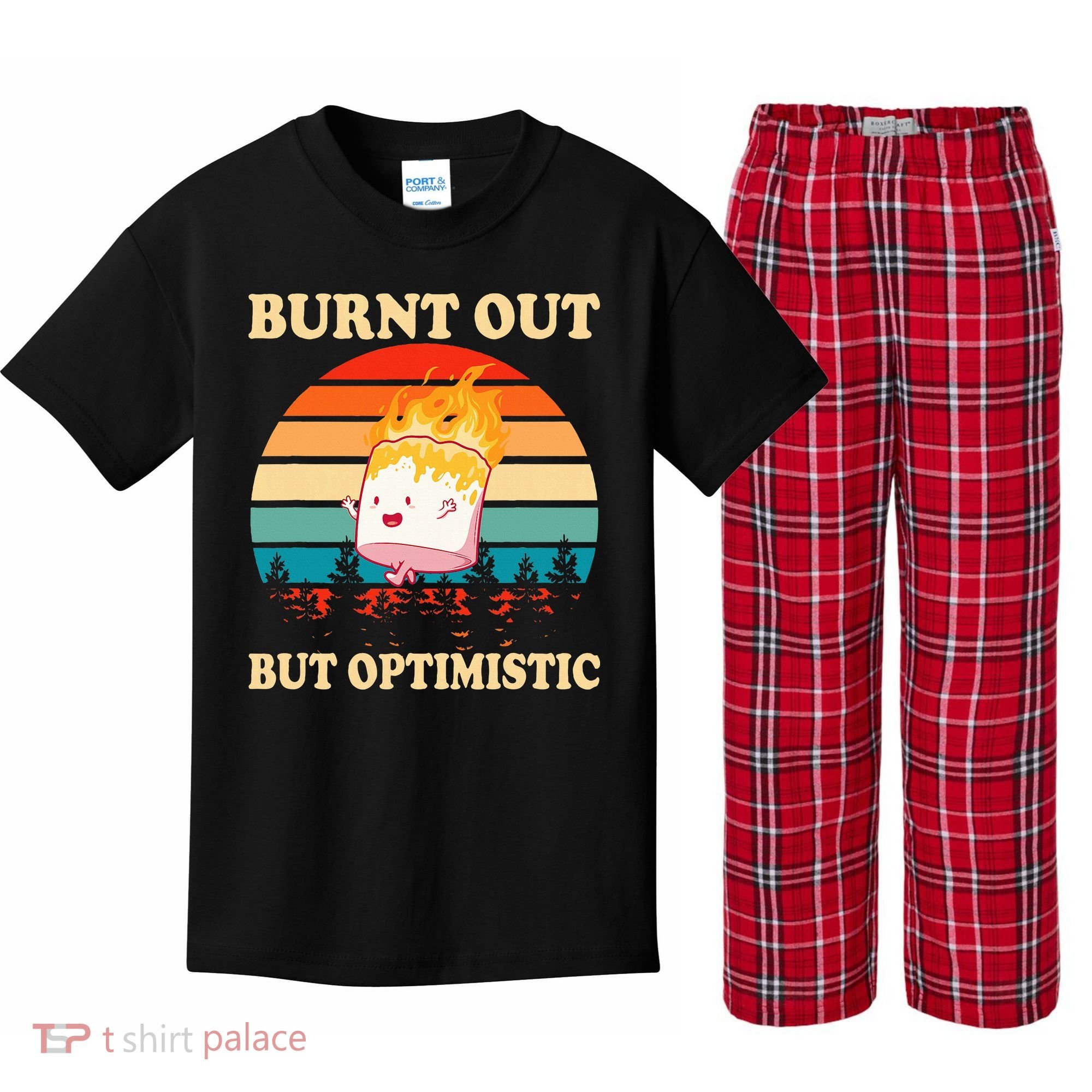 Burnt Out But Optimistic Marshmallow Retro Sunset Camping Kids Plaid Pajama Set