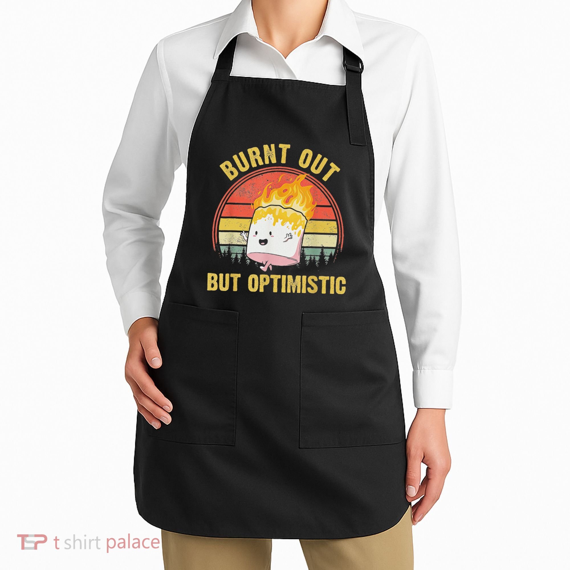 Burnt Out But Optimistic Cute Marshmallow For Camping Apron