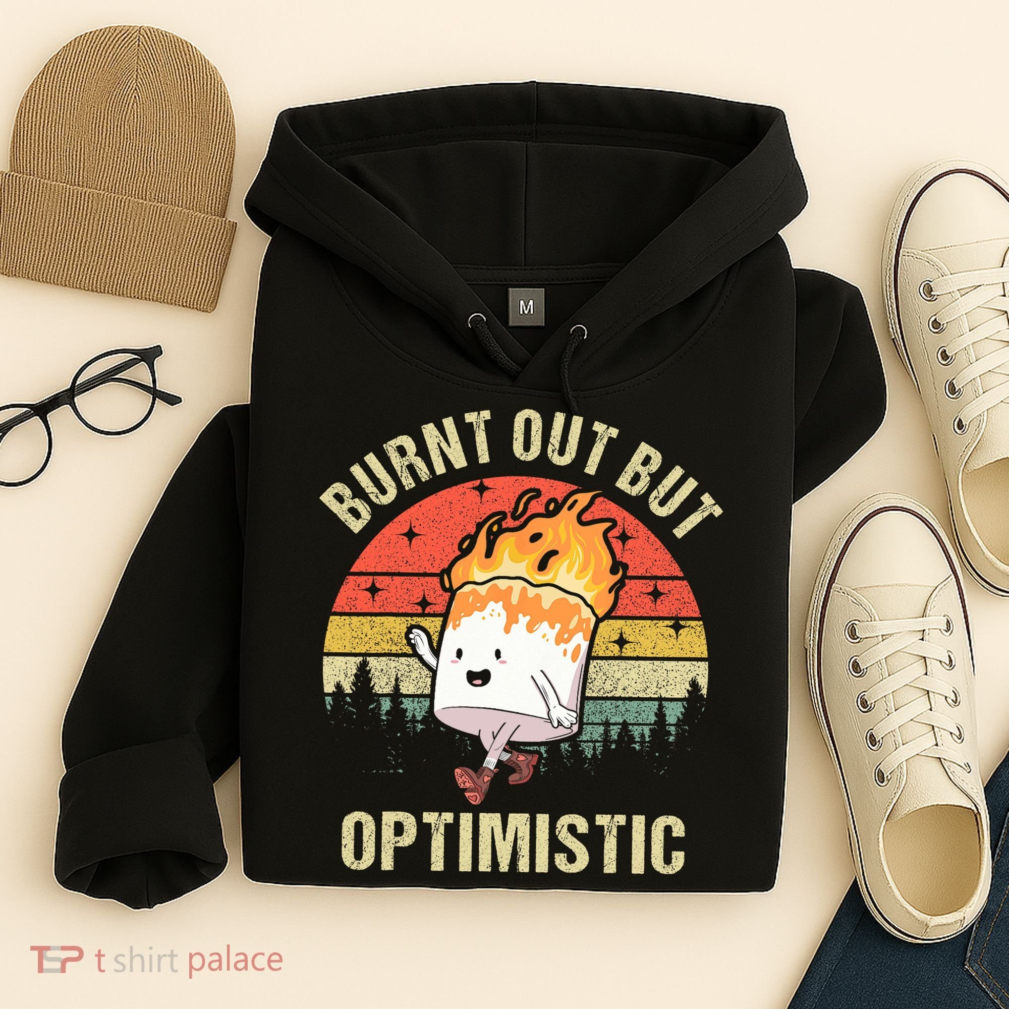 Burnt Out But Optimistic Funny Marshmallow For Camping Retro Hoodie
