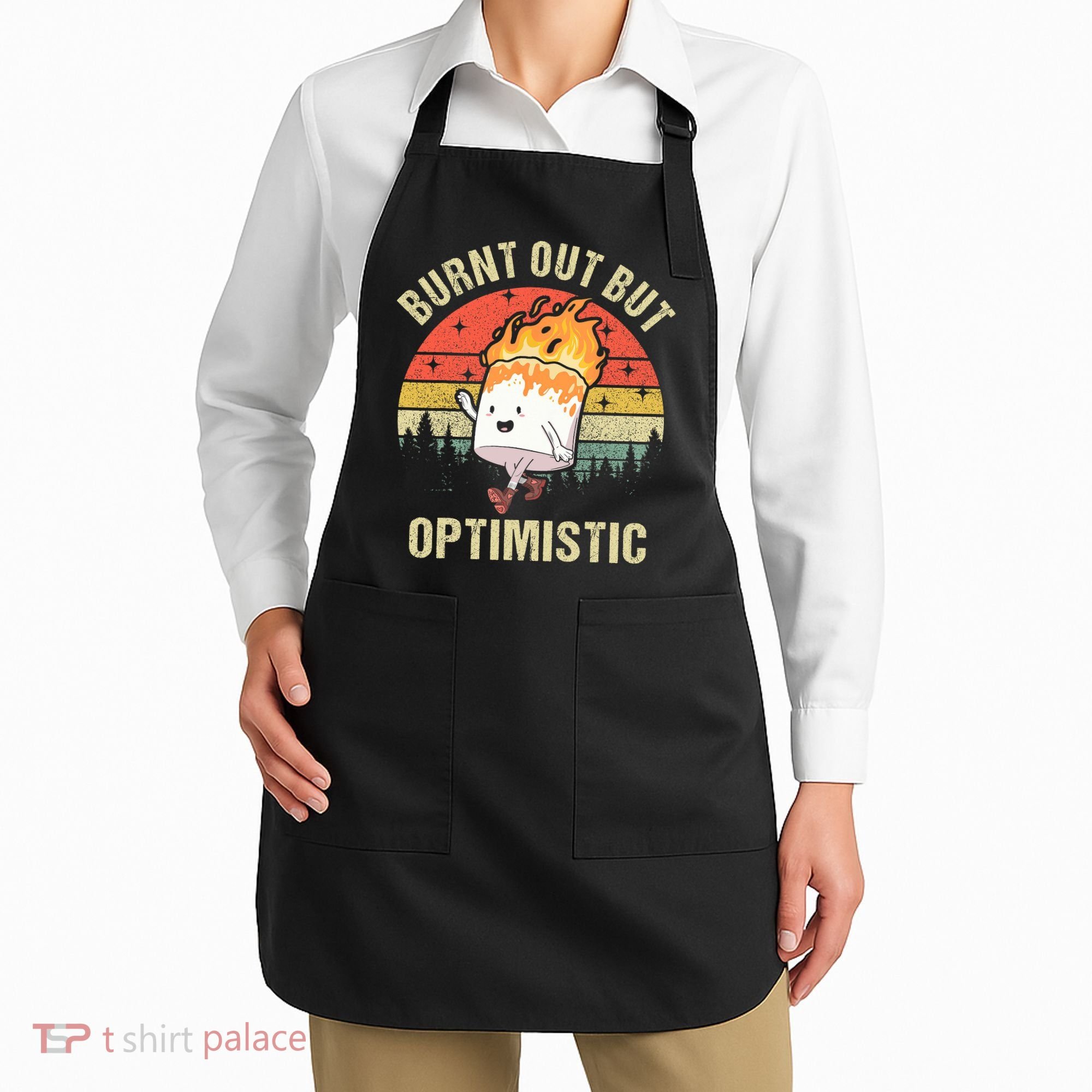Burnt Out But Optimistic Funny Marshmallow For Camping Retro Apron