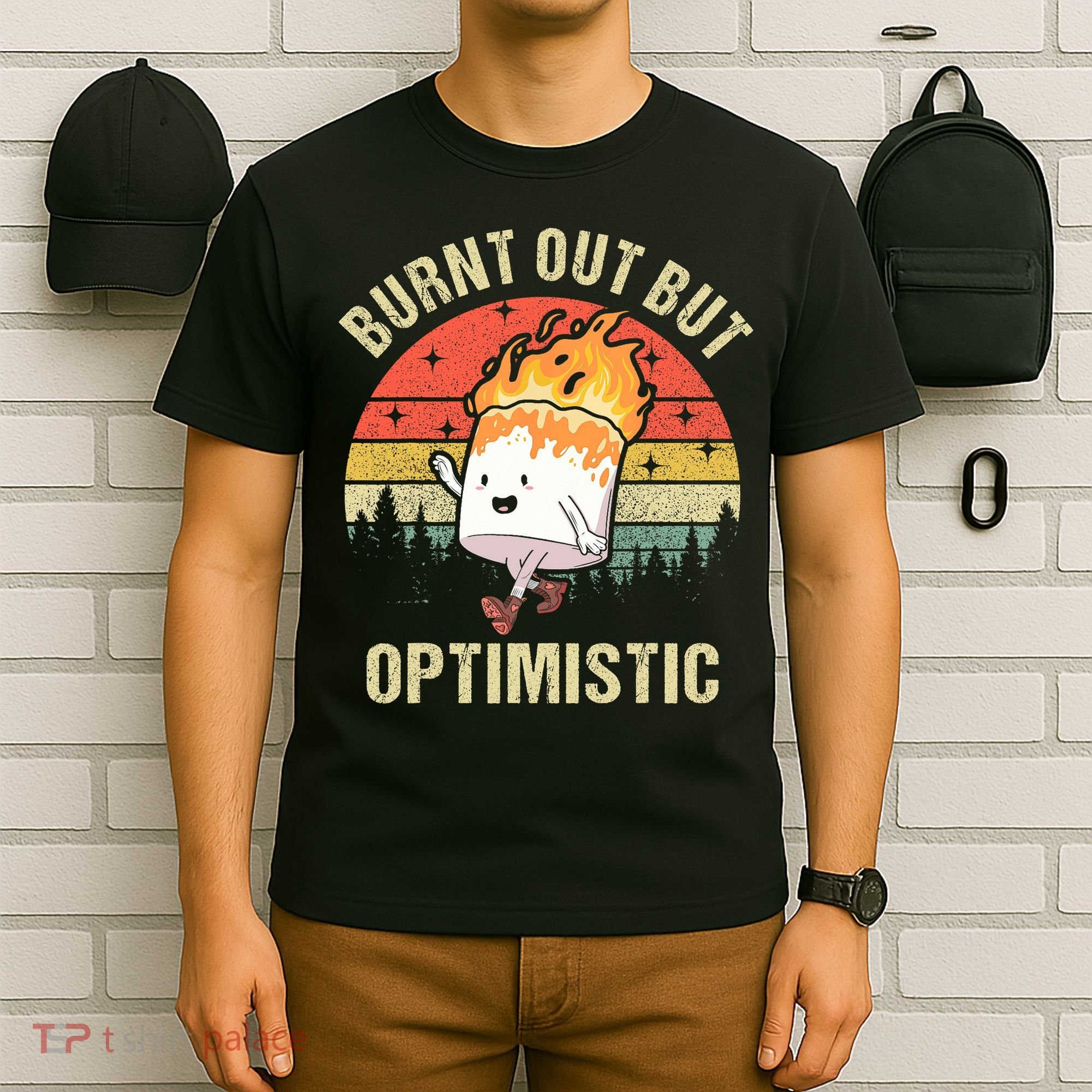 Burnt Out But Optimistic Funny Marshmallow For Camping Retro T-Shirt