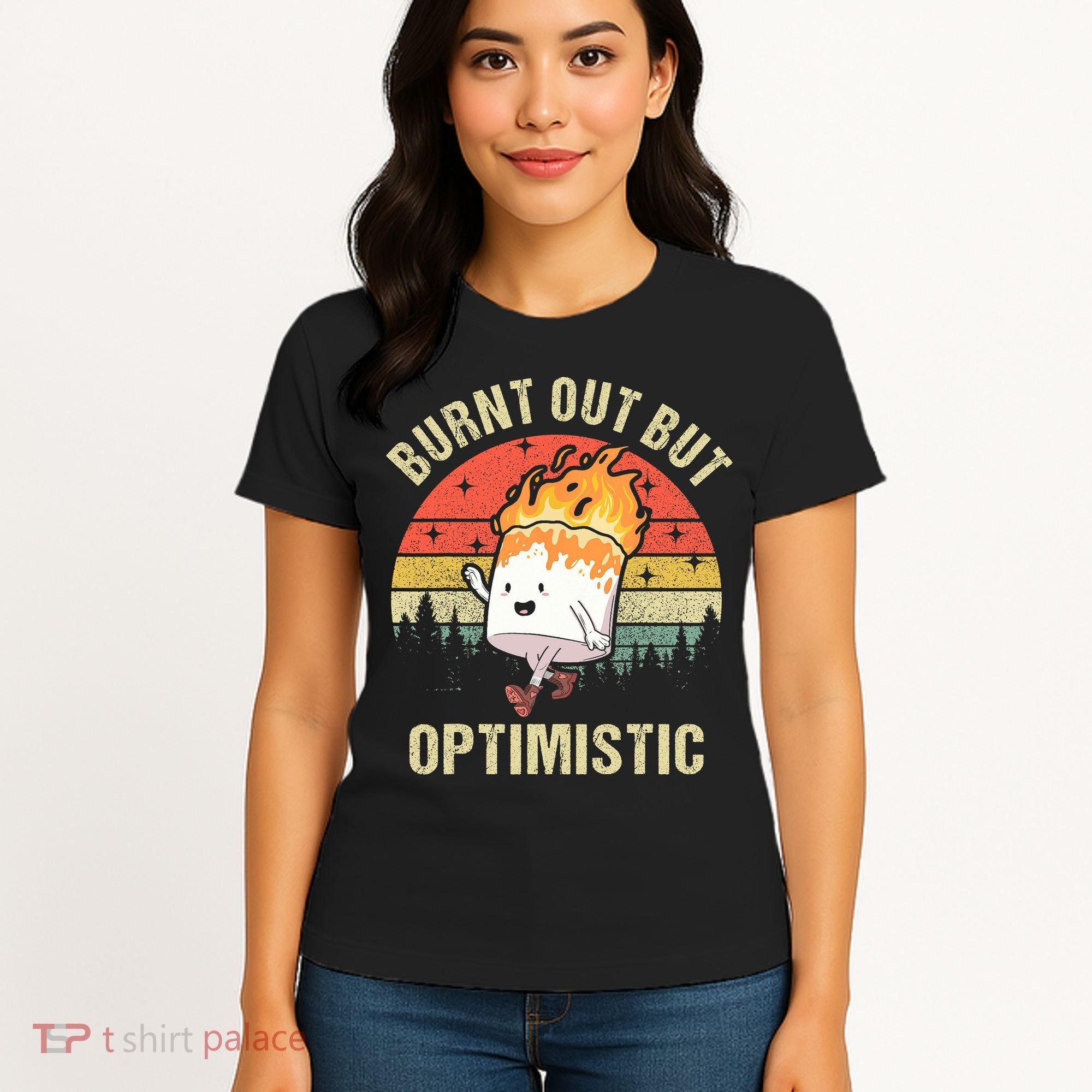 Burnt Out But Optimistic Funny Marshmallow For Camping Retro Women's T-Shirt