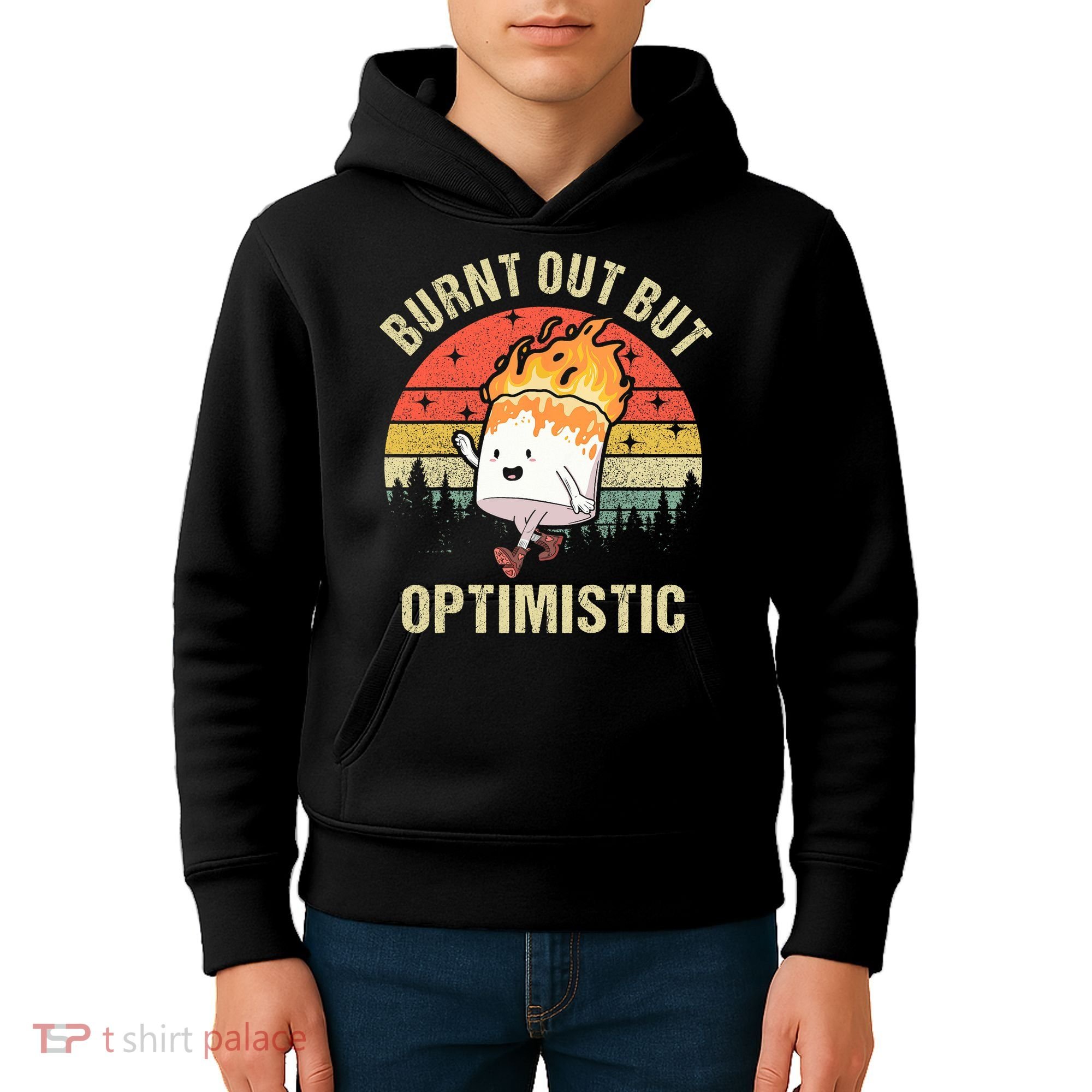 Burnt Out But Optimistic Funny Marshmallow For Camping Retro Kids Hoodie