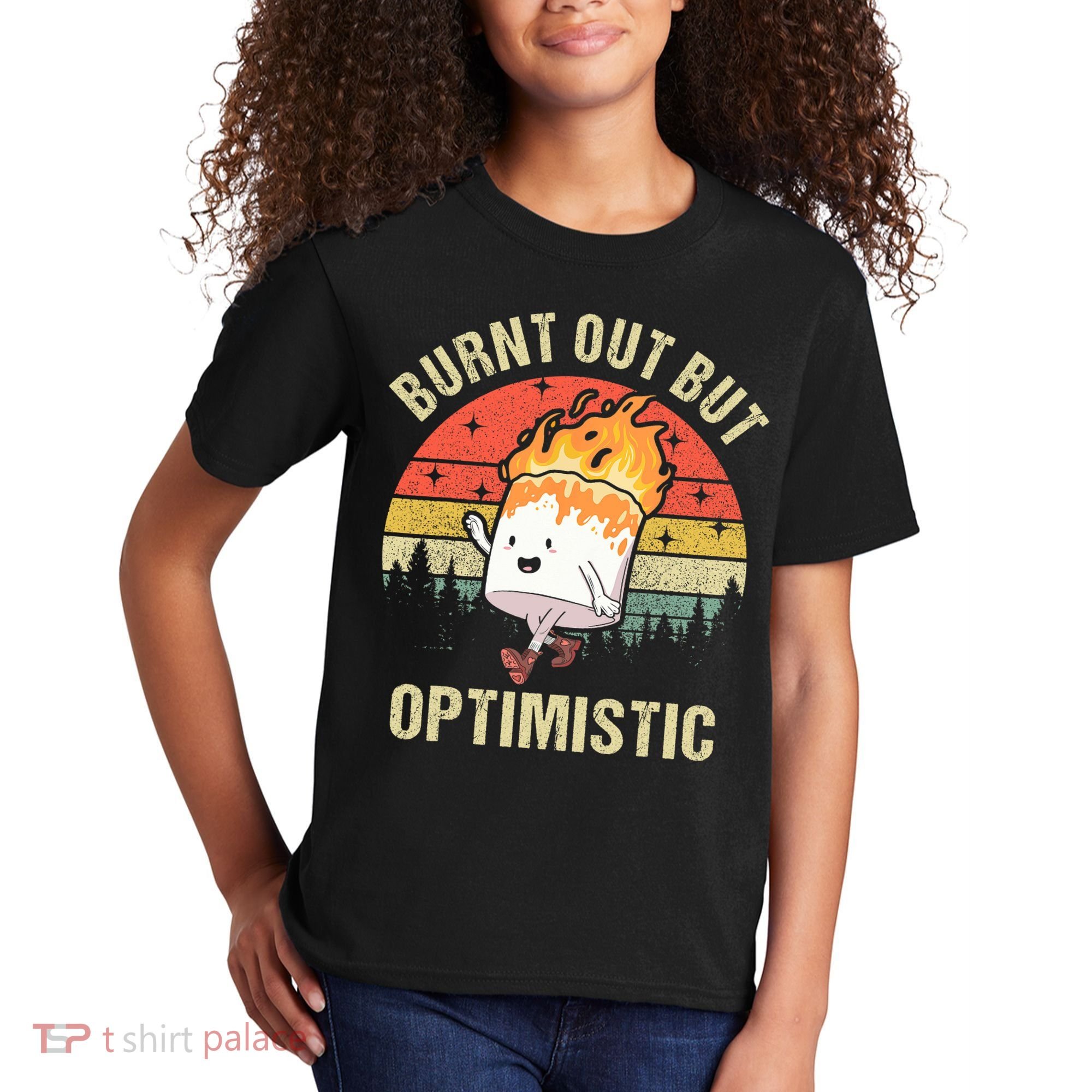 Burnt Out But Optimistic Funny Marshmallow For Camping Retro Kids T-Shirt