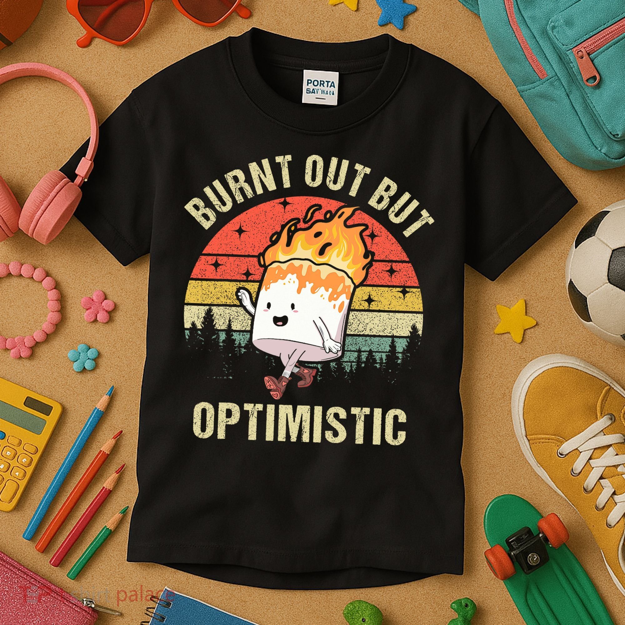 Burnt Out But Optimistic Funny Marshmallow For Camping Retro Kids T-Shirt