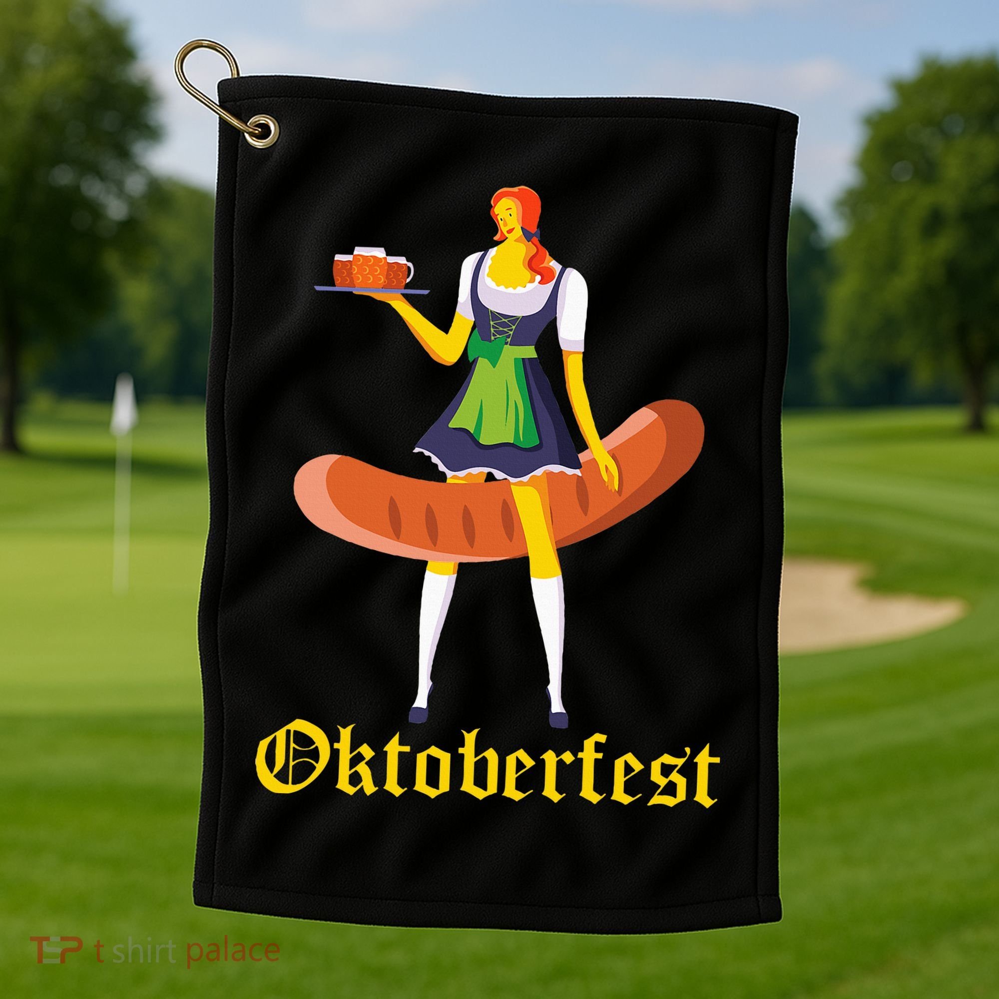 Barmaid Oktoberfest Funny German Woman Dirndl Bratwurst Golf Towel