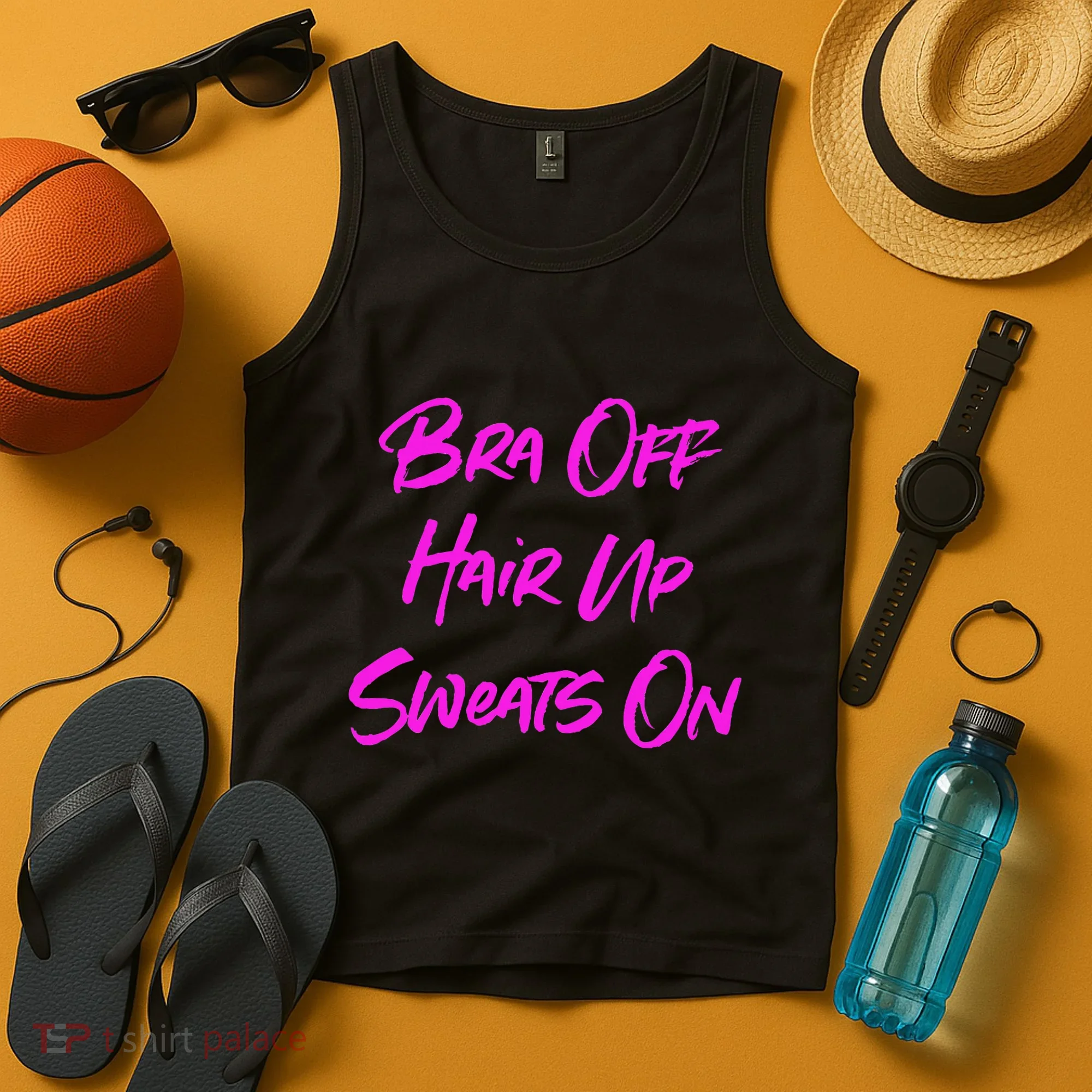 Bra Off Hair Up Sweats On Tank Top