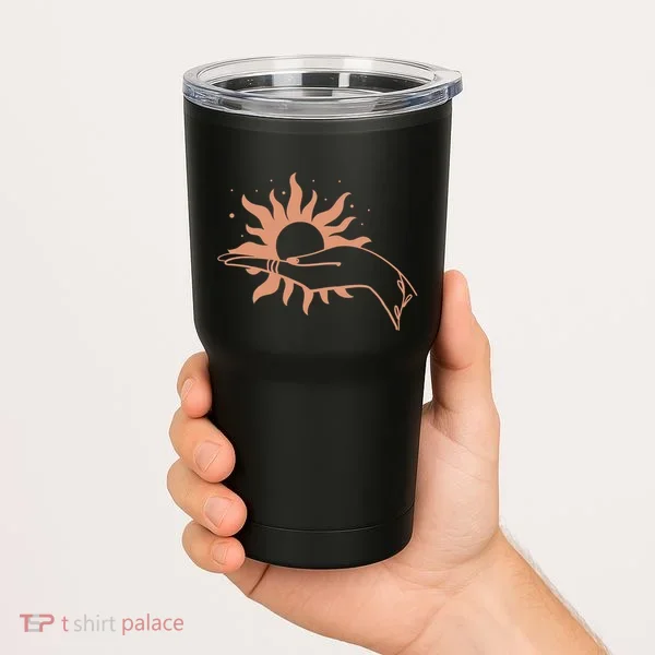 Boho Styled Open Palm Sun In Hand Tumbler