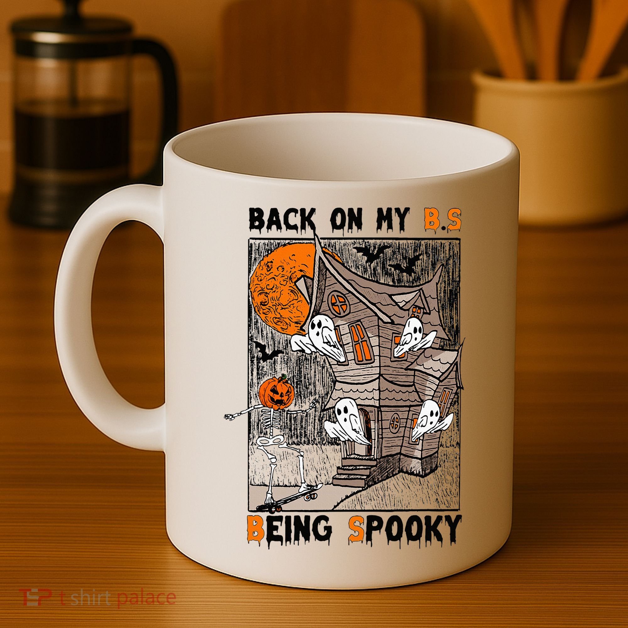 Back on my BS being spooky boo skeleton pumpkin Halloween  Coffee Mug