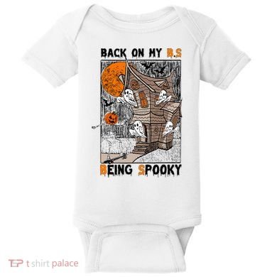 Back on my BS being spooky boo skeleton pumpkin Halloween  Baby Bodysuit