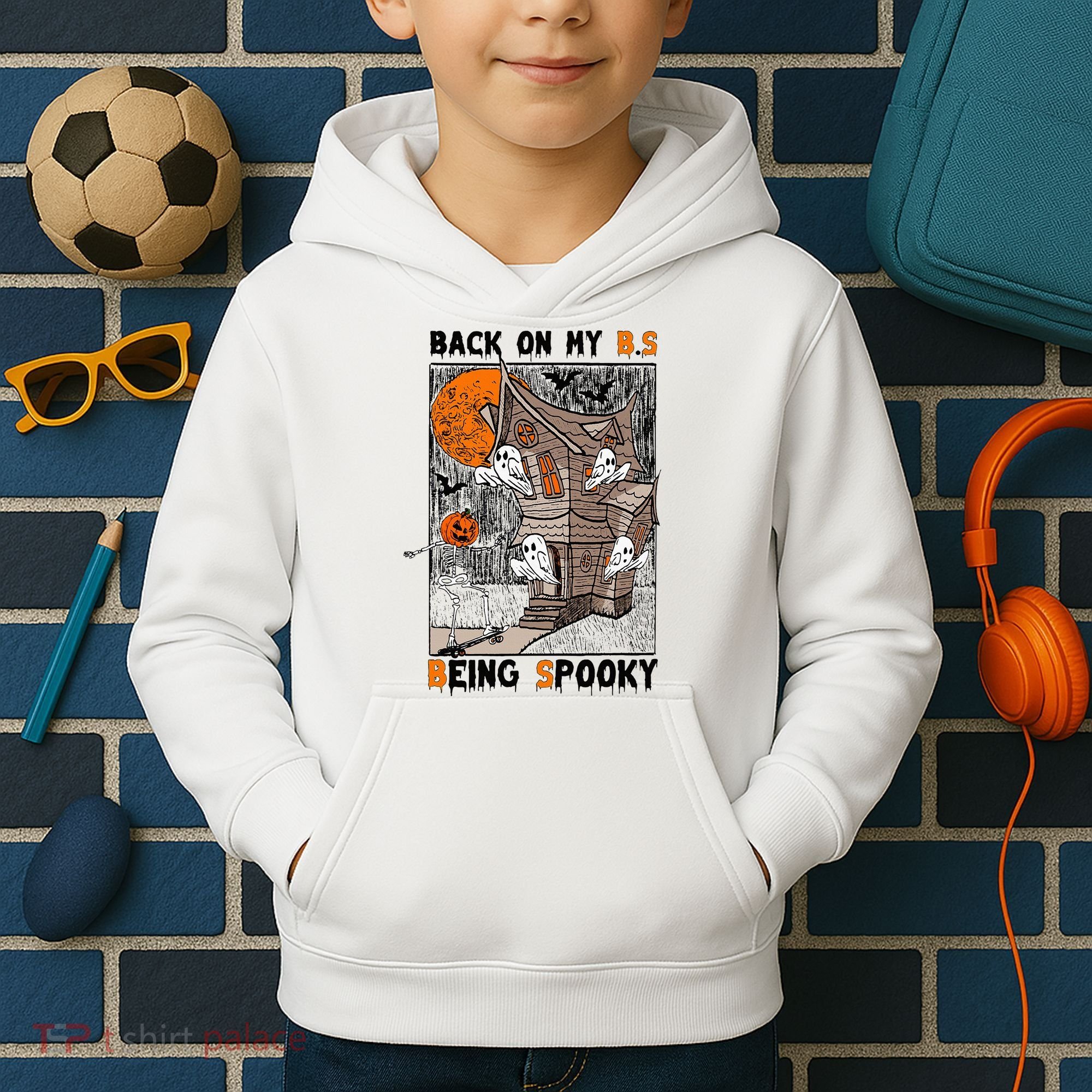 Back on my BS being spooky boo skeleton pumpkin Halloween  Kids Hoodie