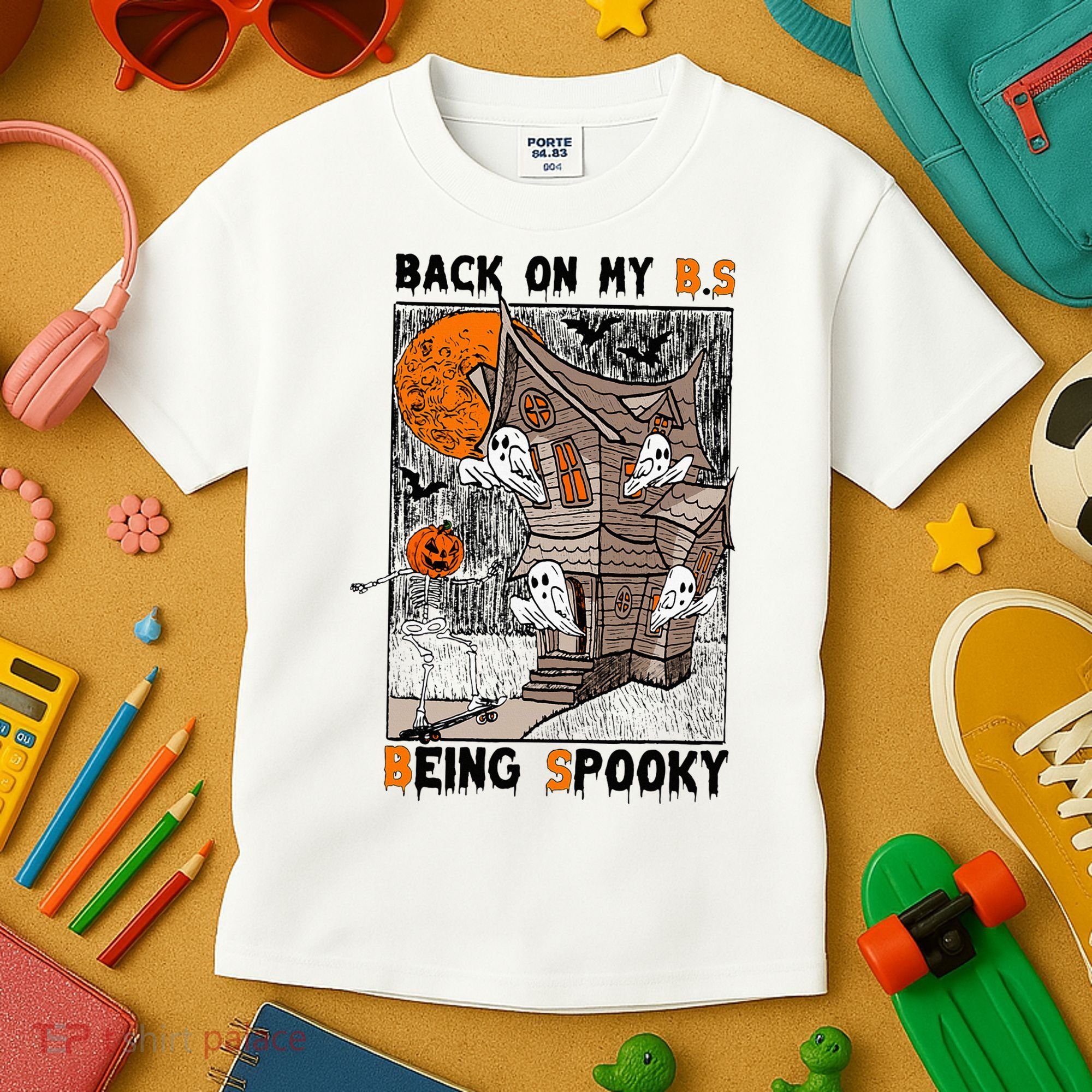 Back on my BS being spooky boo skeleton pumpkin Halloween  Kids T-Shirt