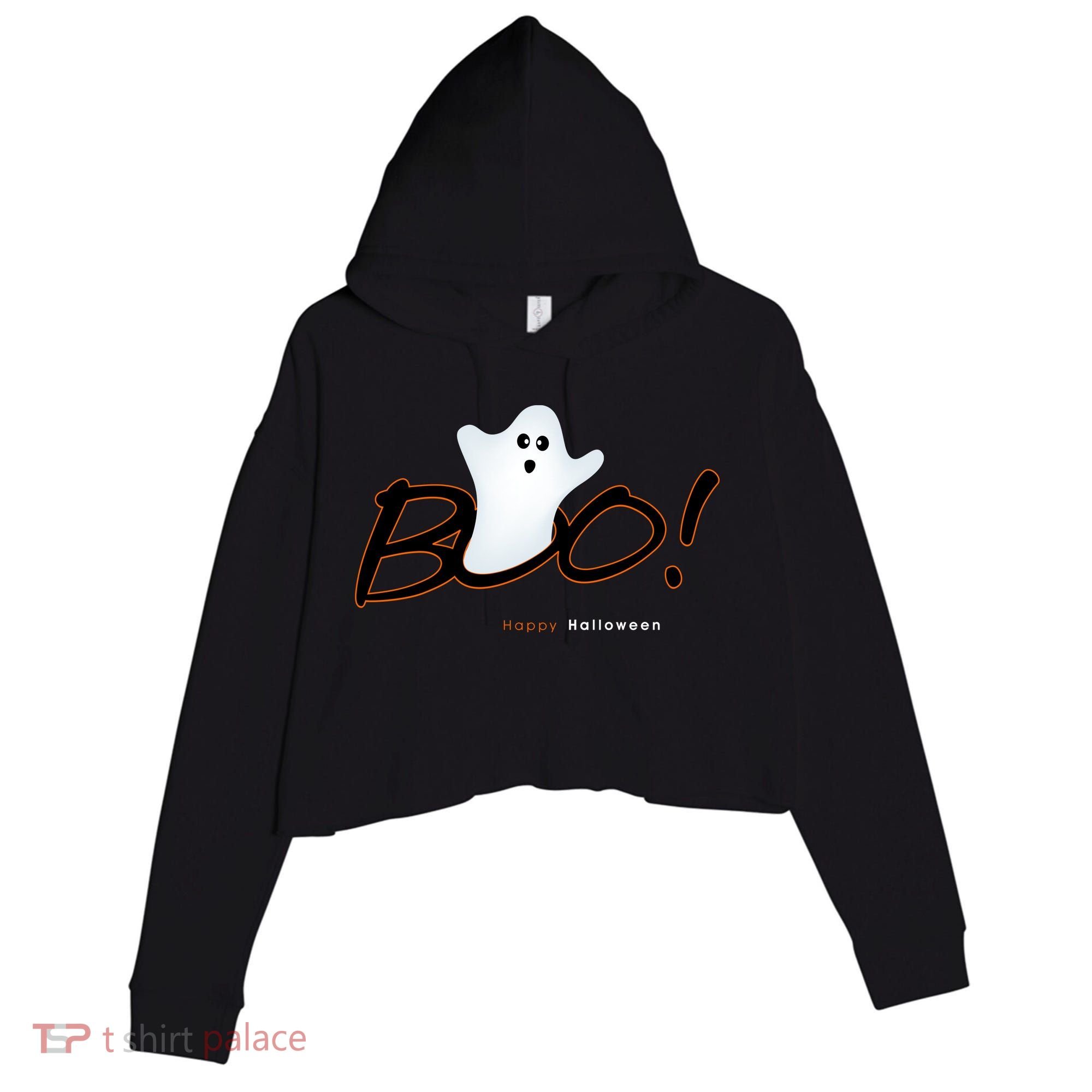 Boo Happy Halloween Ghost Crop Fleece Hoodie