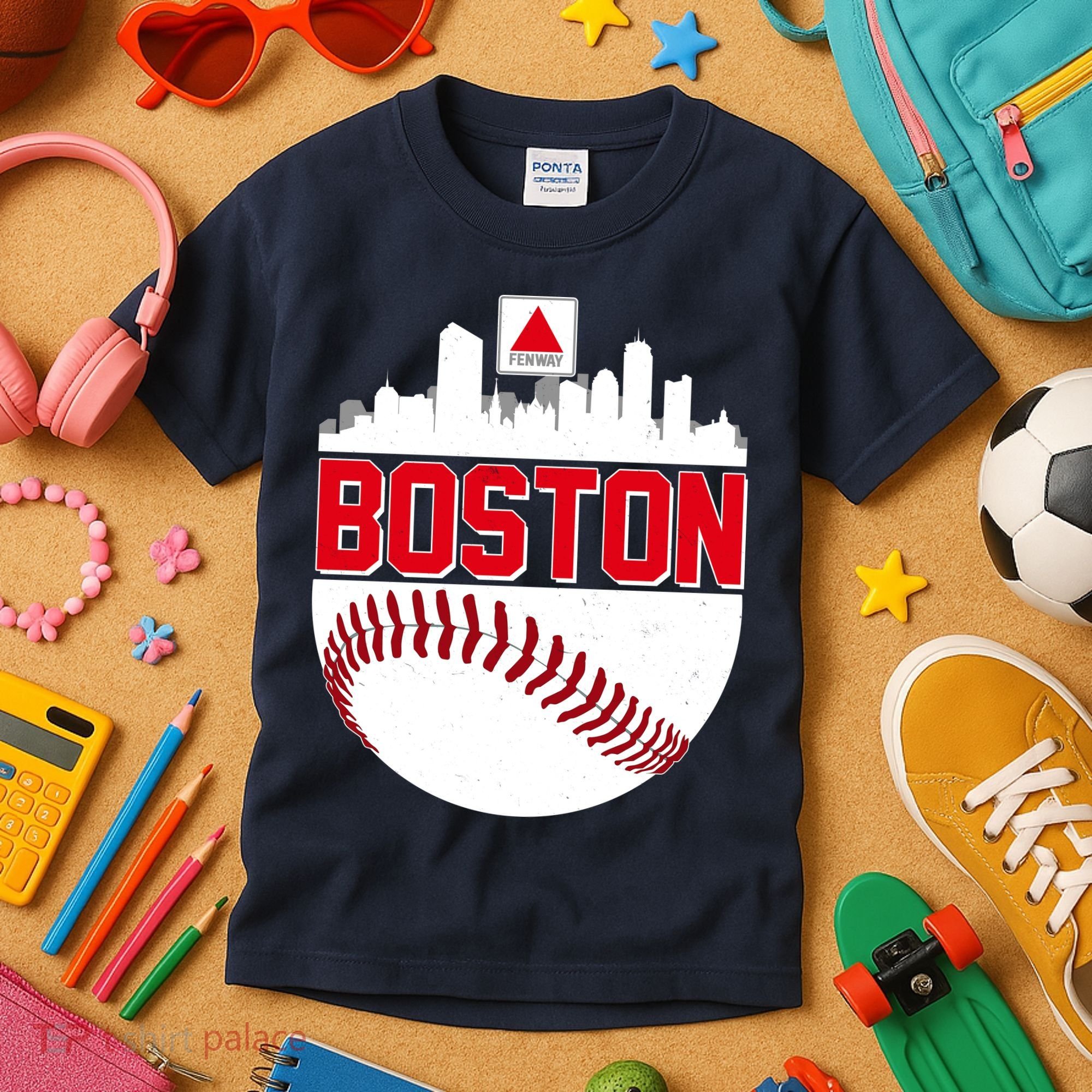 Boston Skyline Fenway Baseball Sports Logo Kids T-Shirt