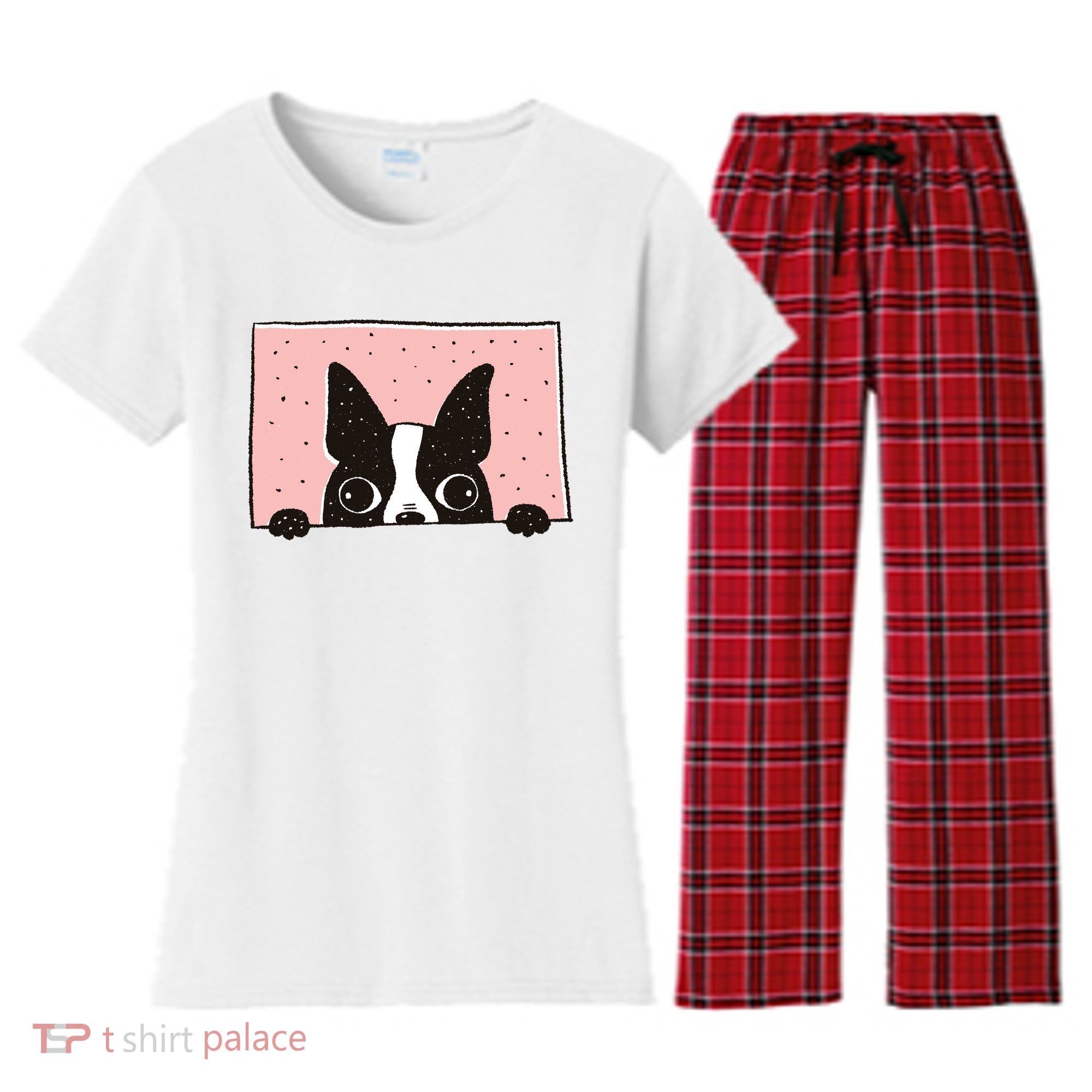 Boston Terrier Peeking Women's Flannel Pajama Set
