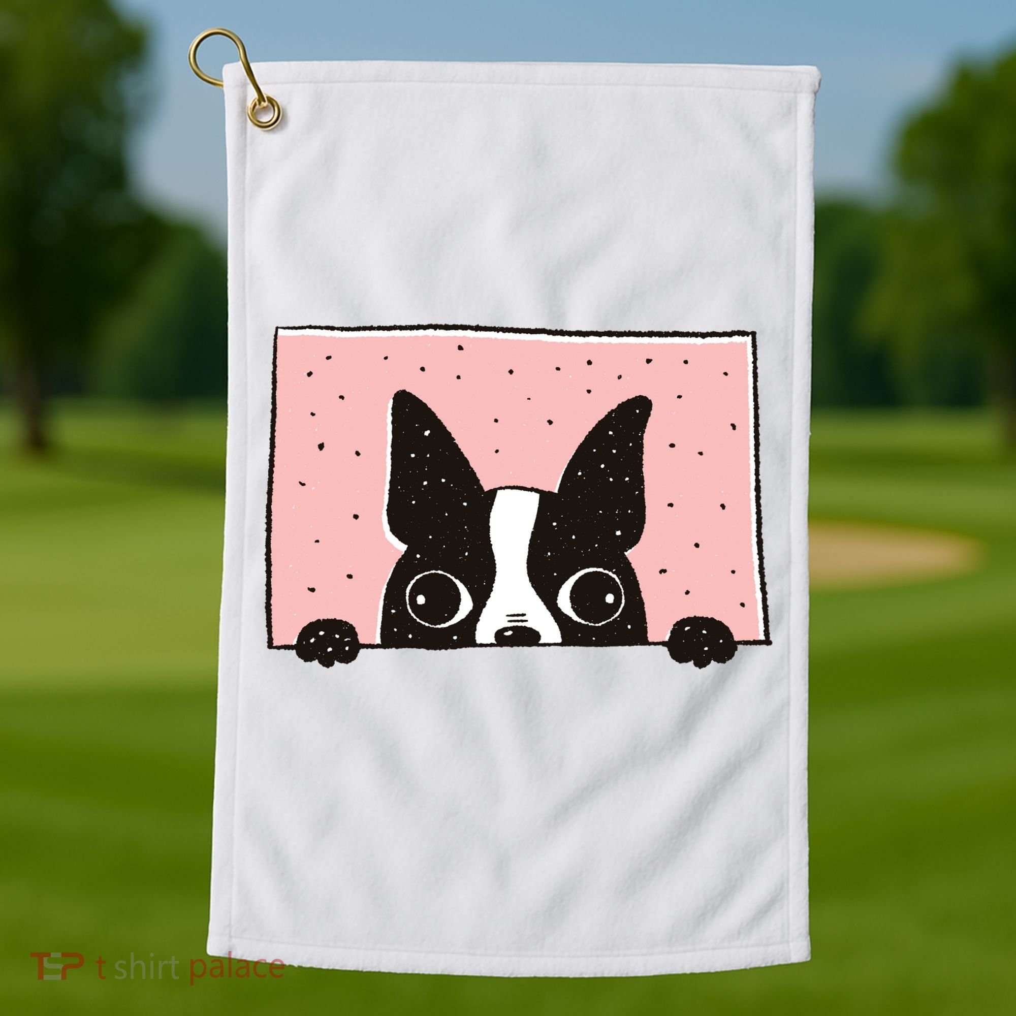 Boston Terrier Peeking Golf Towel