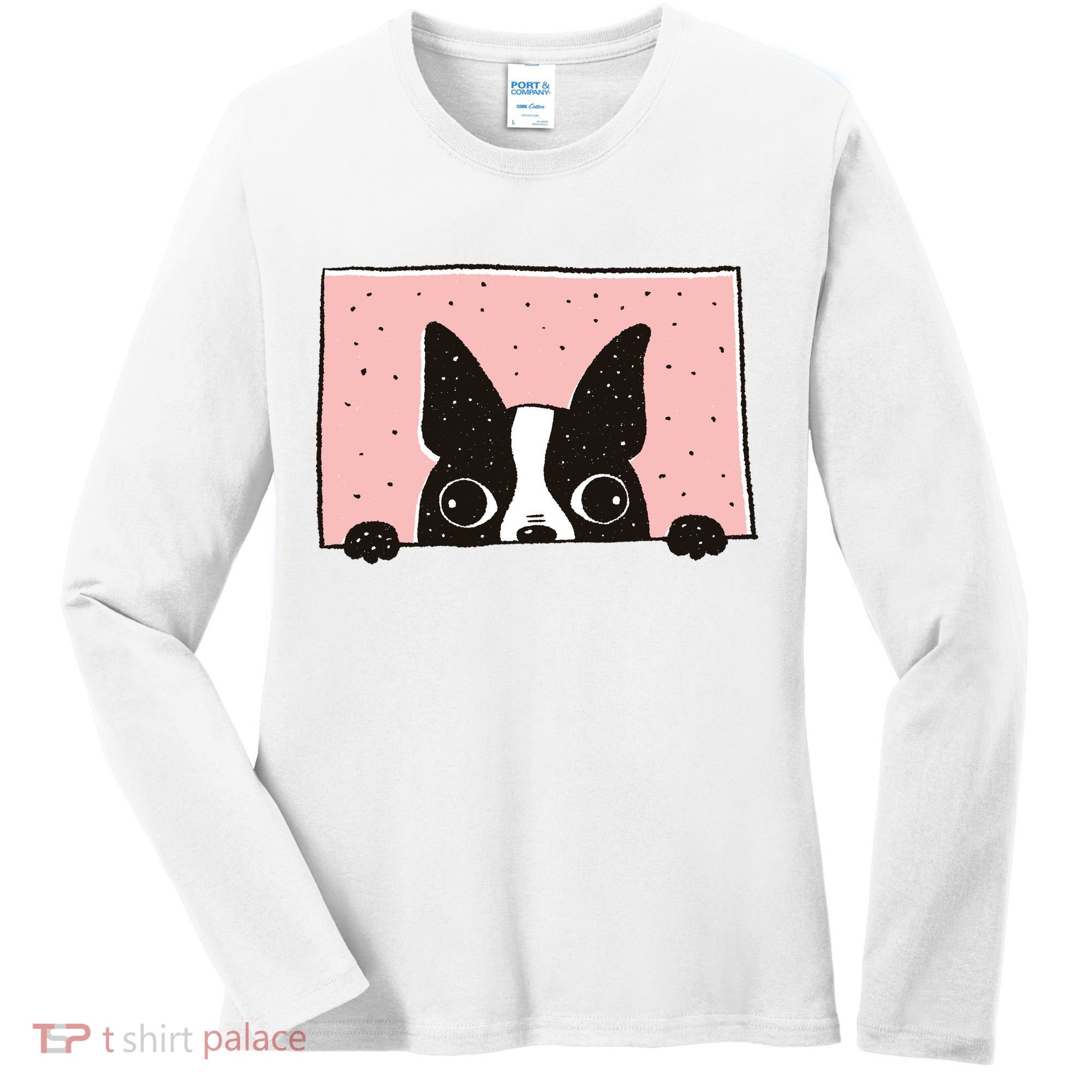 Boston Terrier Peeking Women's Long Sleeve Shirt