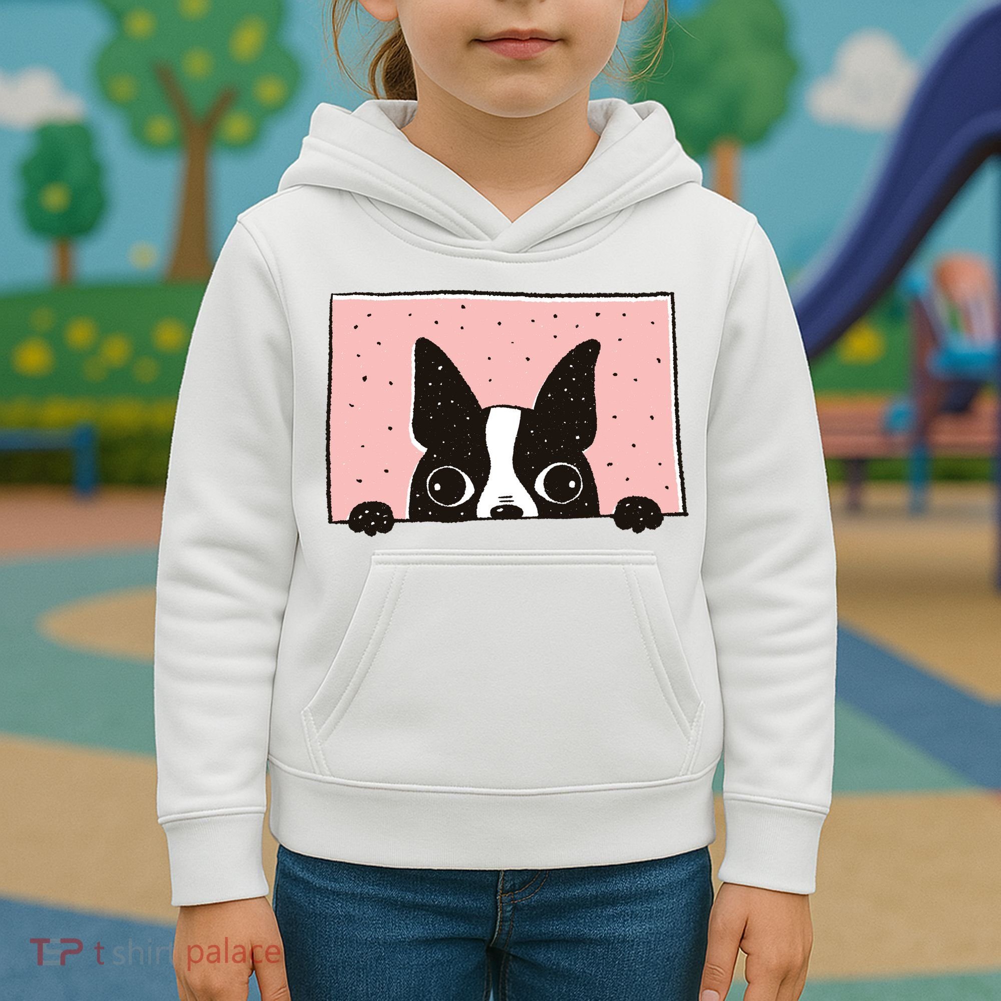 Boston Terrier Peeking Kids Hoodie