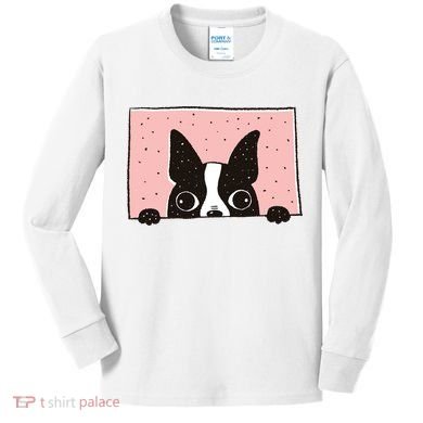 Boston Terrier Peeking Kids Long Sleeve Shirt