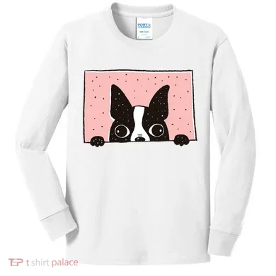 Boston Terrier Peeking Kids Long Sleeve Shirt