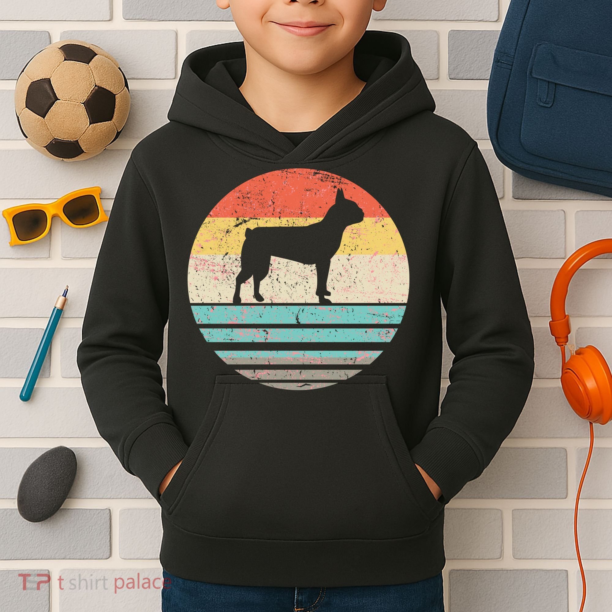 Boston Terrier Retro Sun Kids Hoodie