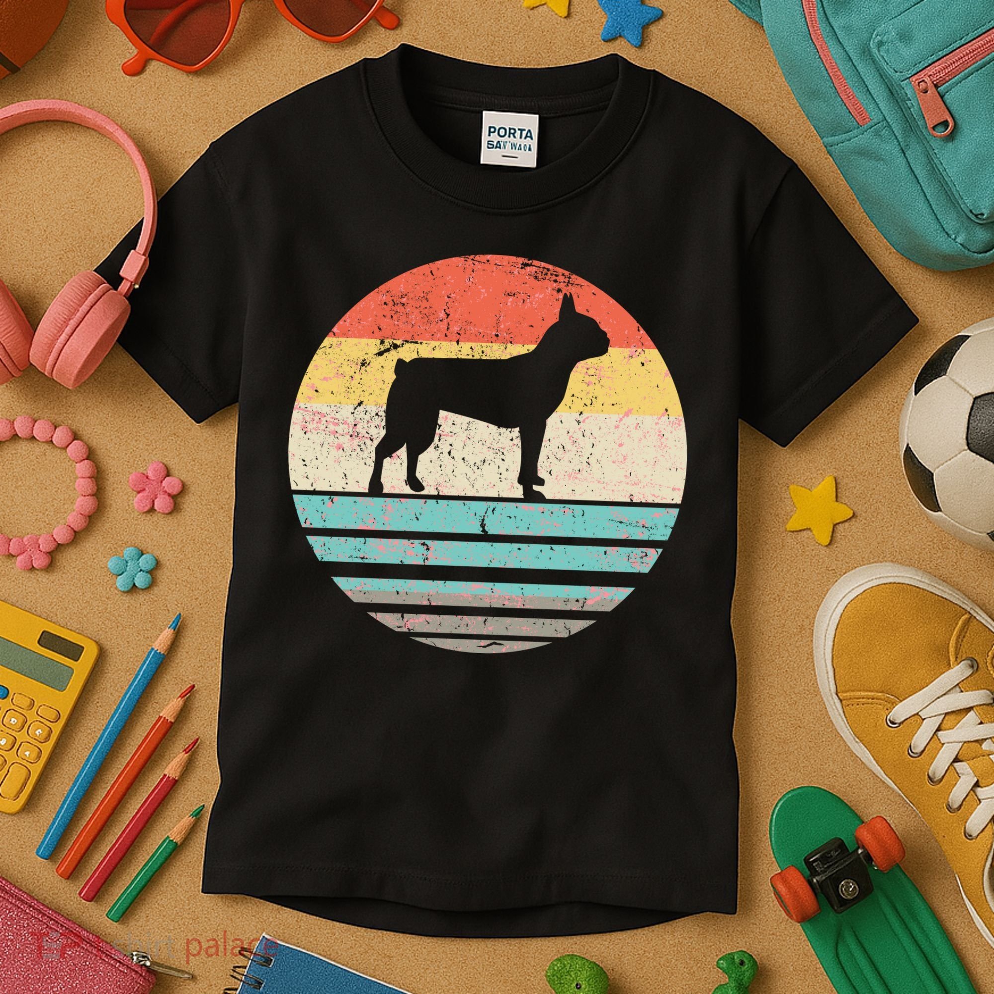 Boston Terrier Retro Sun Kids T-Shirt