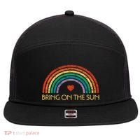 Bring On The Sun Cheerful Summer Sunshine Retro Rainbow Gift 7 Panel Mesh Trucker Snapback Hat thumb 0