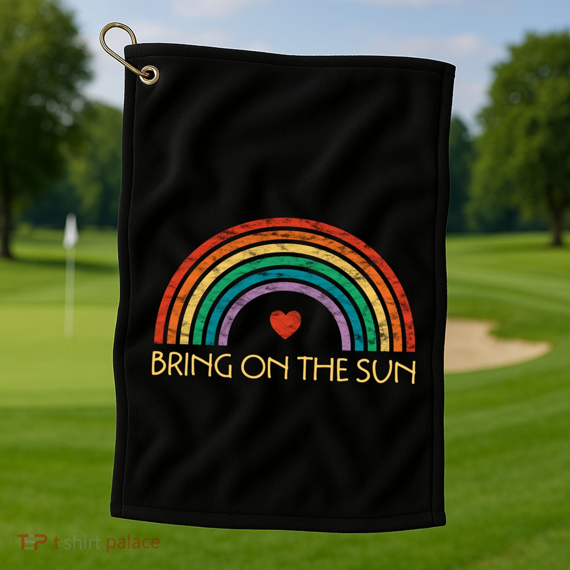 Bring On The Sun Cheerful Summer Sunshine Retro Rainbow Gift Golf Towel