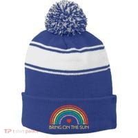 Bring On The Sun Cheerful Summer Sunshine Retro Rainbow Gift Stripe Pom Pom Beanie thumb 0