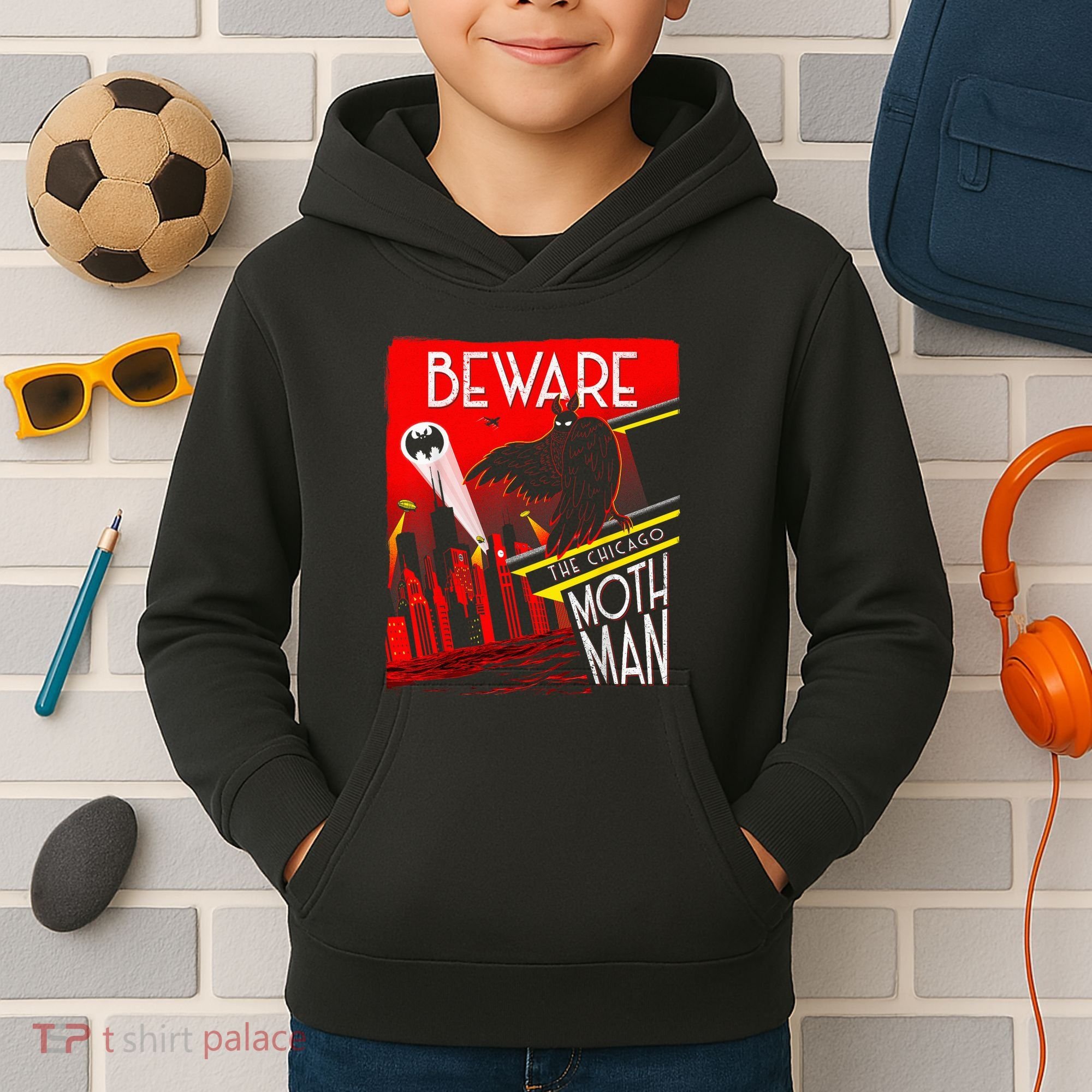 Beware Of The Chicago Mothman! Art Deco Pop Culture Cryptid Kids Hoodie