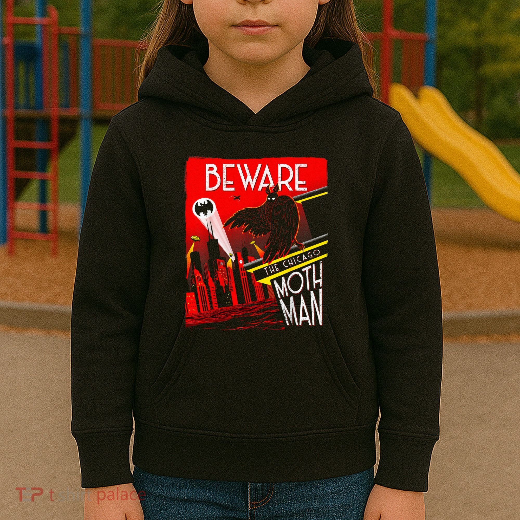Beware Of The Chicago Mothman! Art Deco Pop Culture Cryptid Kids Hoodie