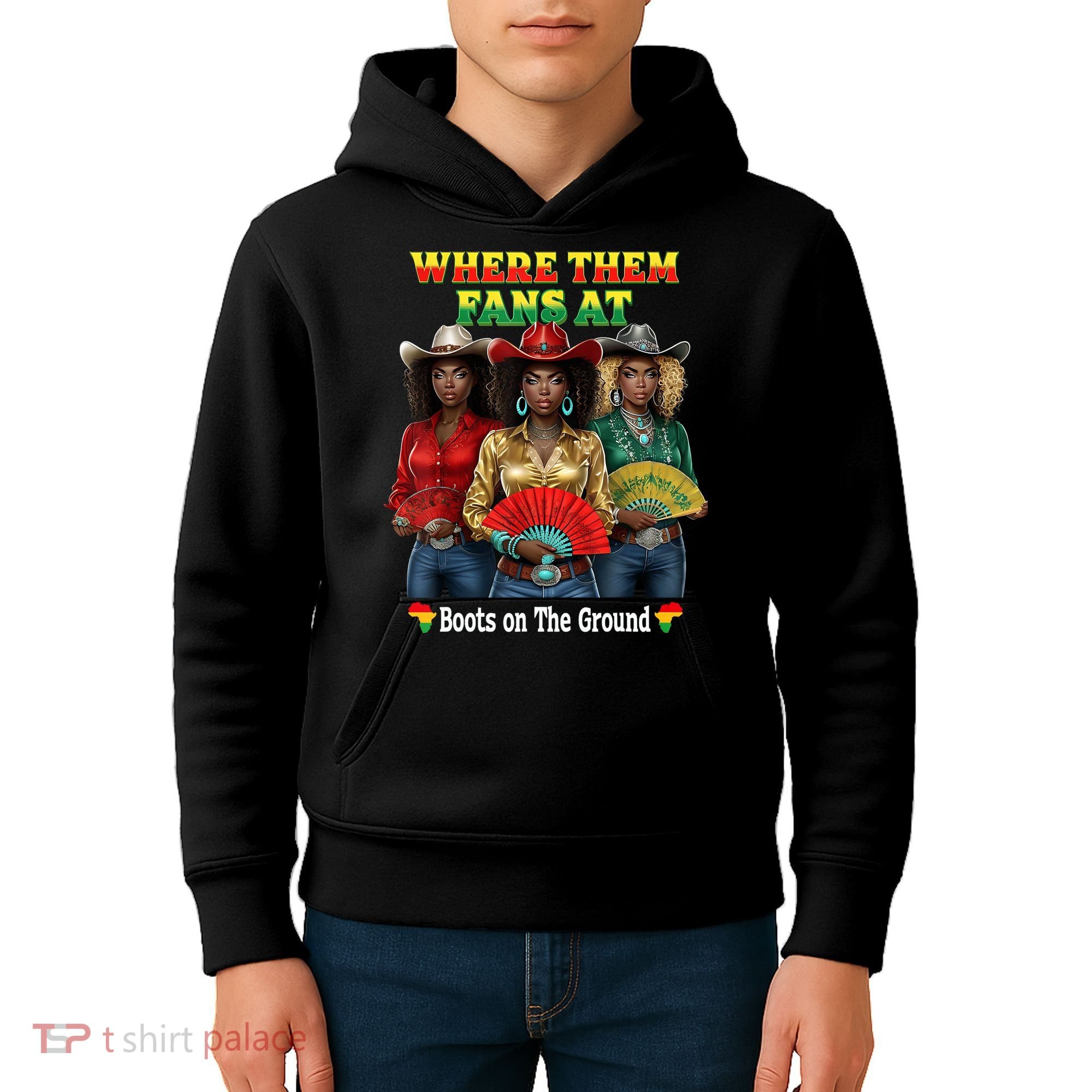 Boots On The Ground Juneteenth Cowgirl Where Them Fans At  Kids Hoodie
