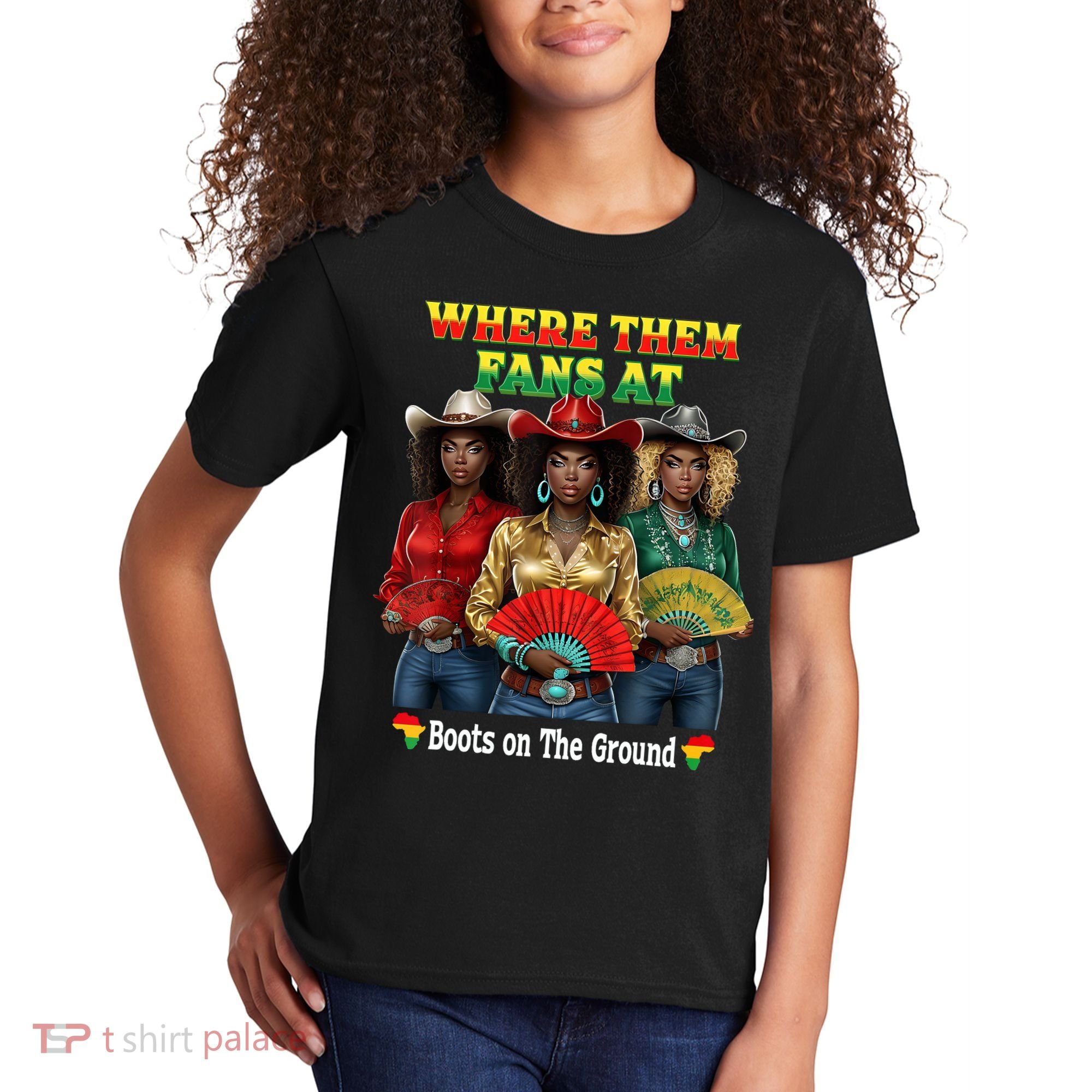 Boots On The Ground Juneteenth Cowgirl Where Them Fans At  Kids T-Shirt