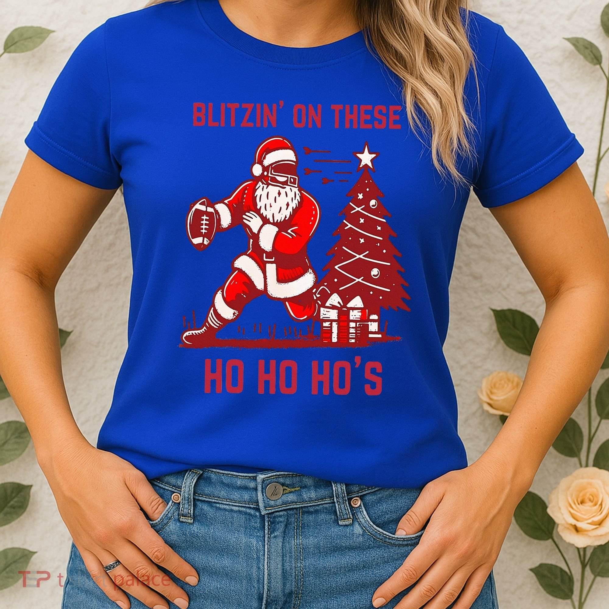 Blitzing On These Ho Ho Ho's Funny Santa Football Christmas  Women's T-Shirt