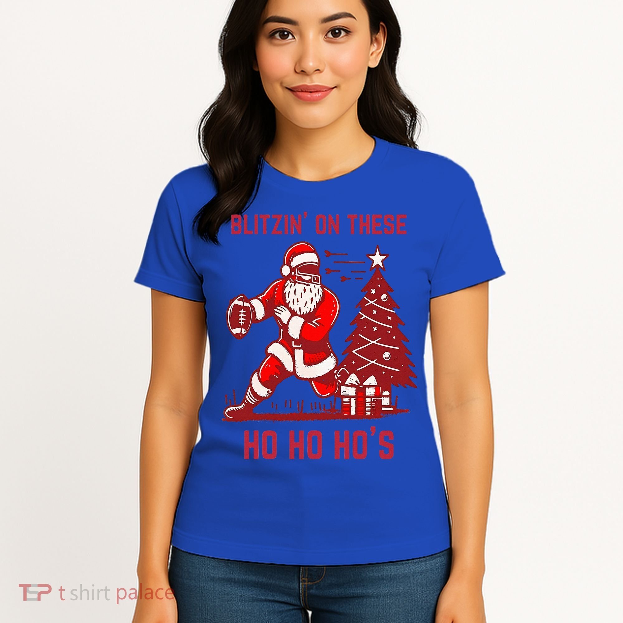 Blitzing On These Ho Ho Ho's Funny Santa Football Christmas  Women's T-Shirt