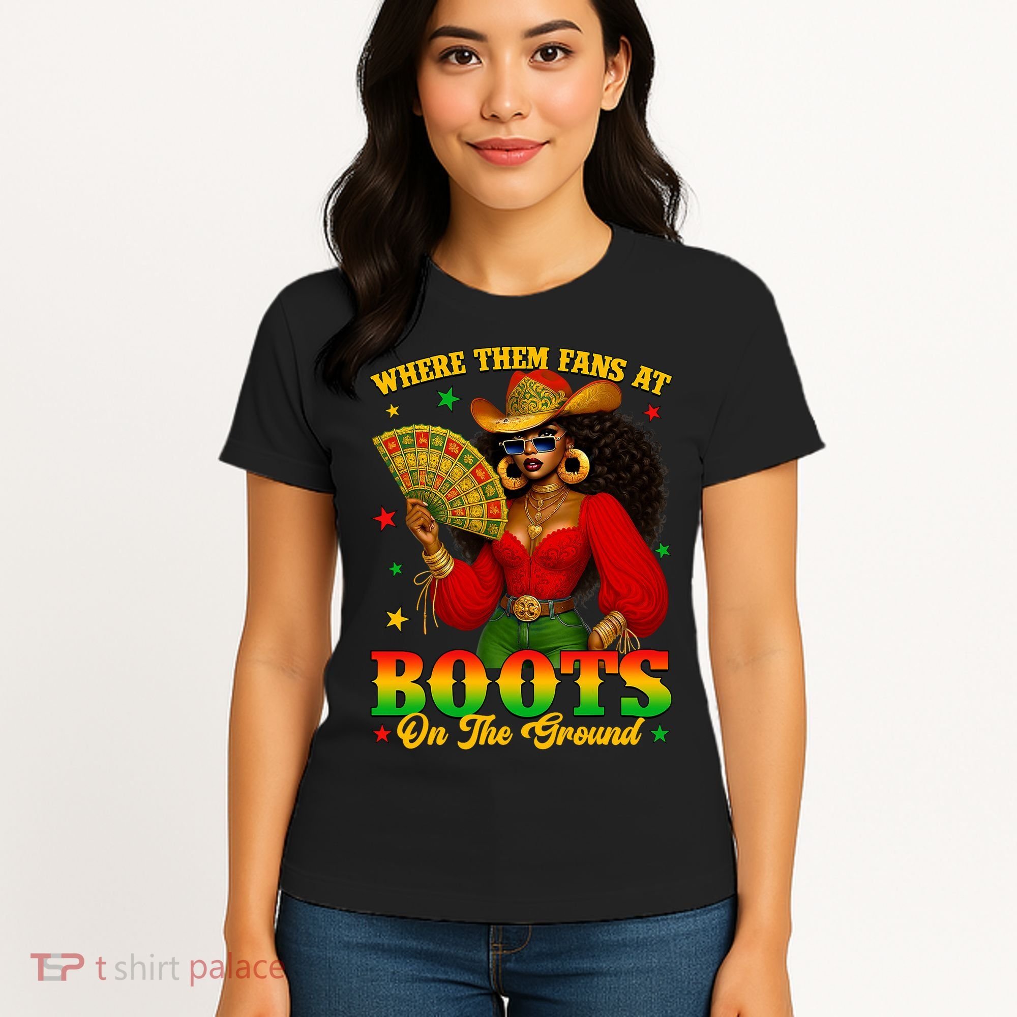 Boots On The Ground Juneteenth Cowgirl Where Them Fans At   Women's T-Shirt