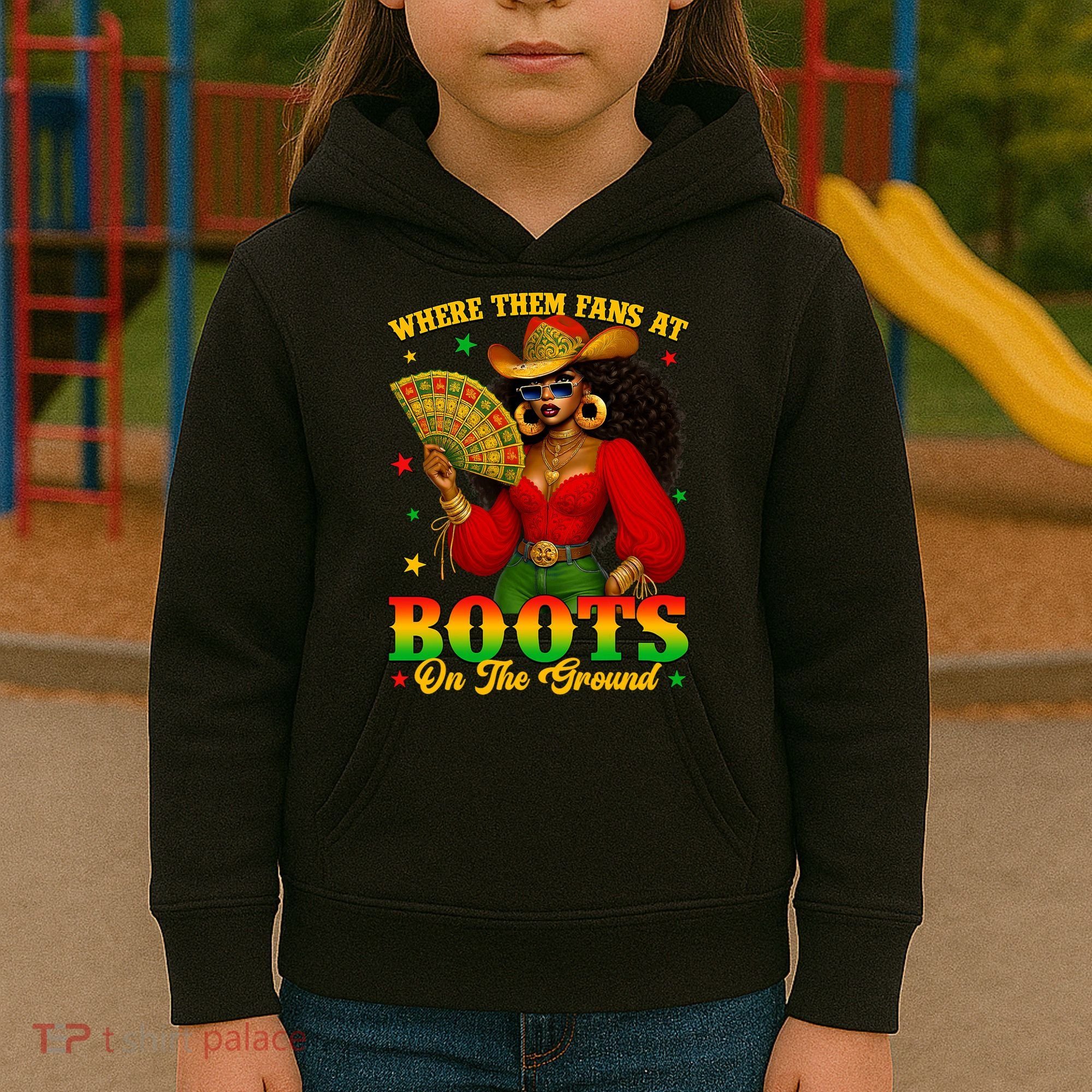 Boots On The Ground Juneteenth Cowgirl Where Them Fans At   Kids Hoodie