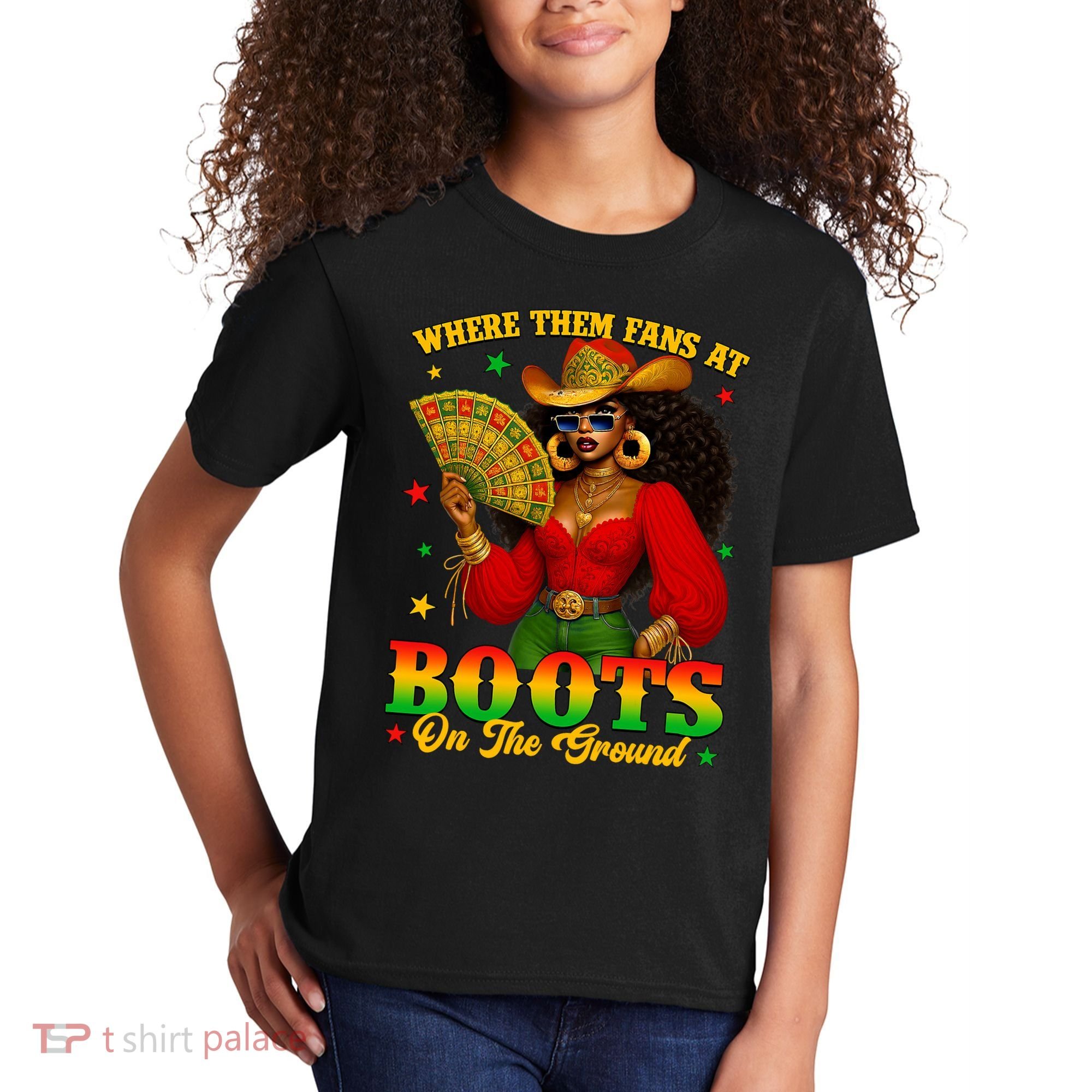 Boots On The Ground Juneteenth Cowgirl Where Them Fans At   Kids T-Shirt
