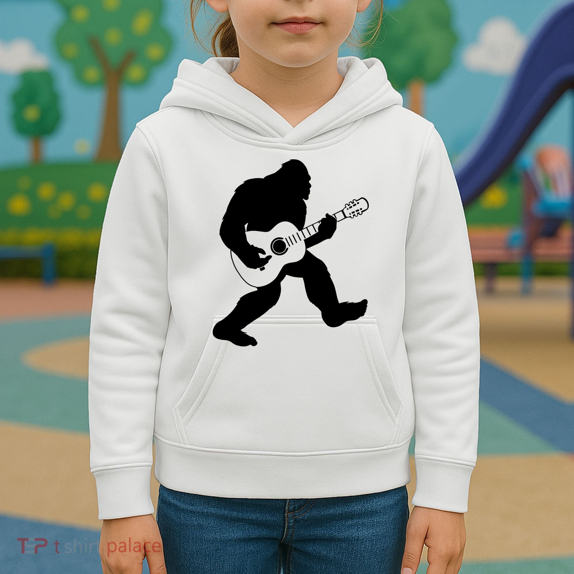 Bigfoot Playing Acoustic Guitar Kids Hoodie