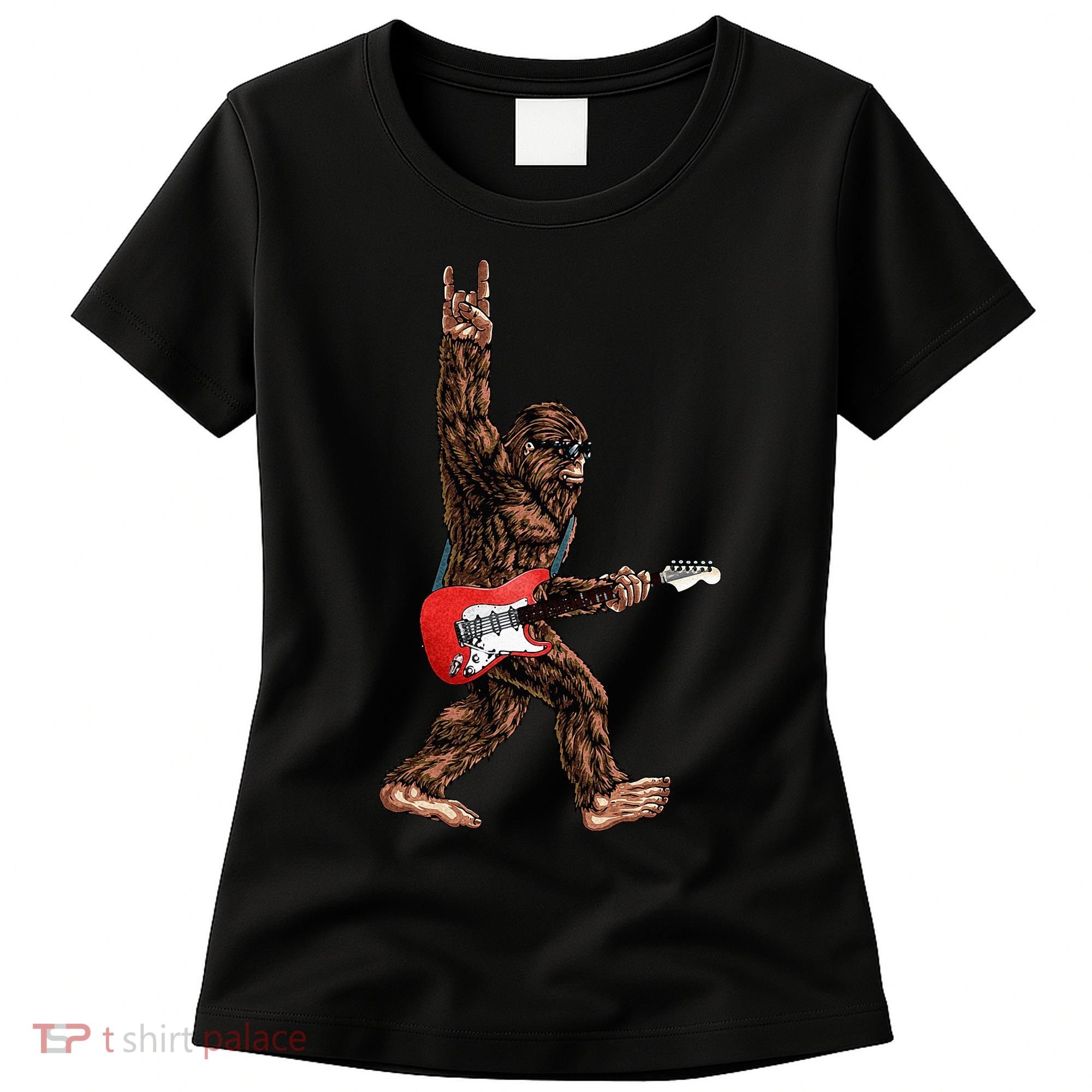 Bigfoot Playing A Electric Guitar Rock On Sasquatch Big Foot Women's T-Shirt