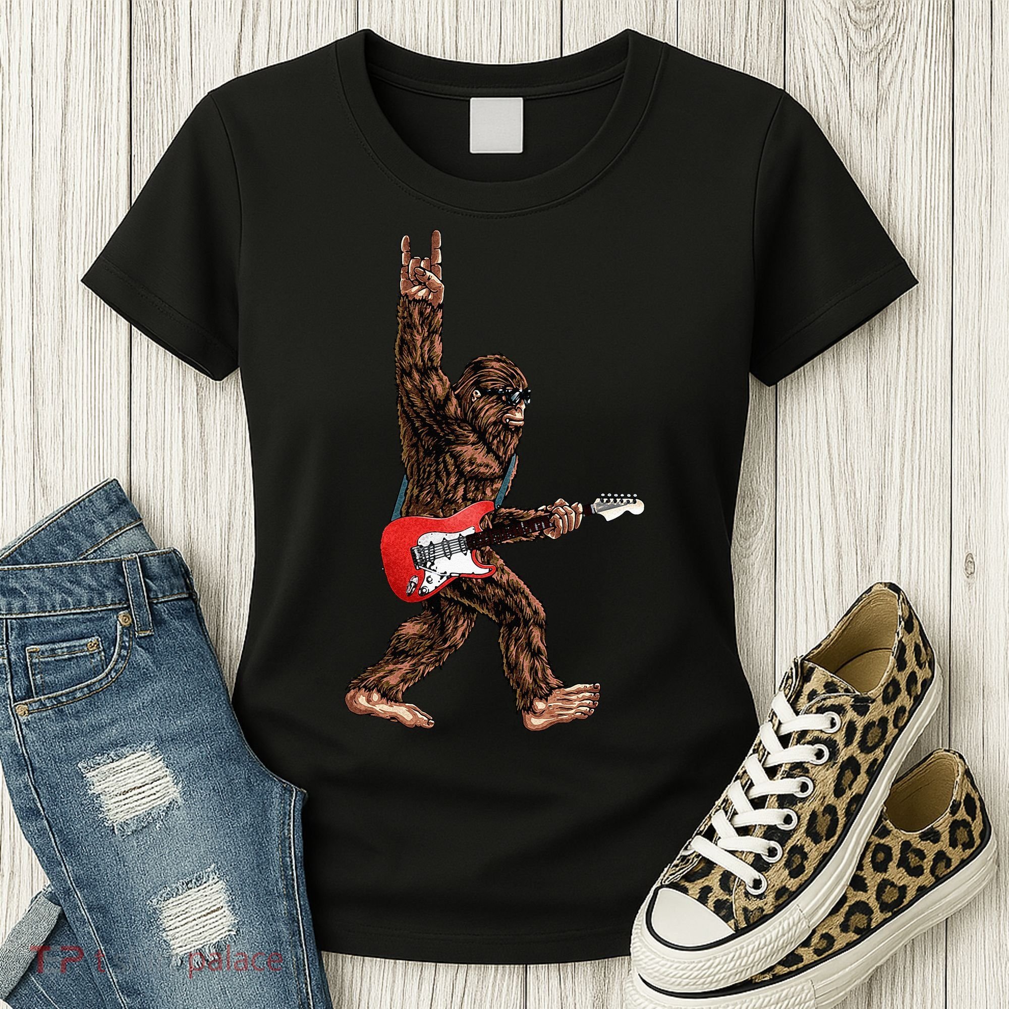 Bigfoot Playing A Electric Guitar Rock On Sasquatch Big Foot Women's T-Shirt