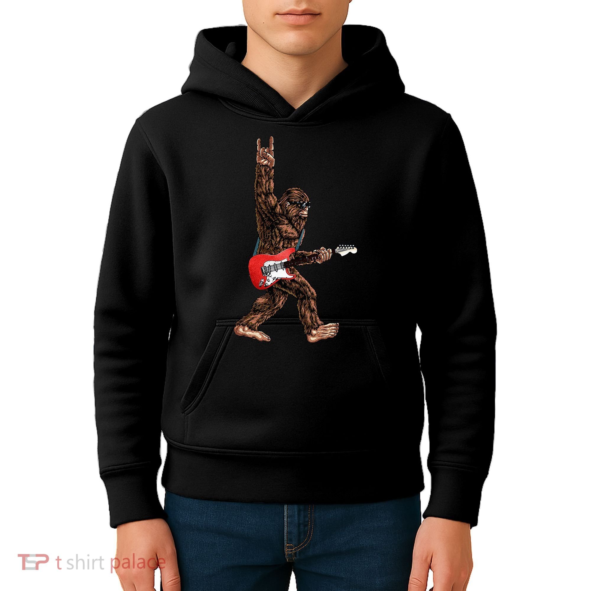 Bigfoot Playing A Electric Guitar Rock On Sasquatch Big Foot Kids Hoodie