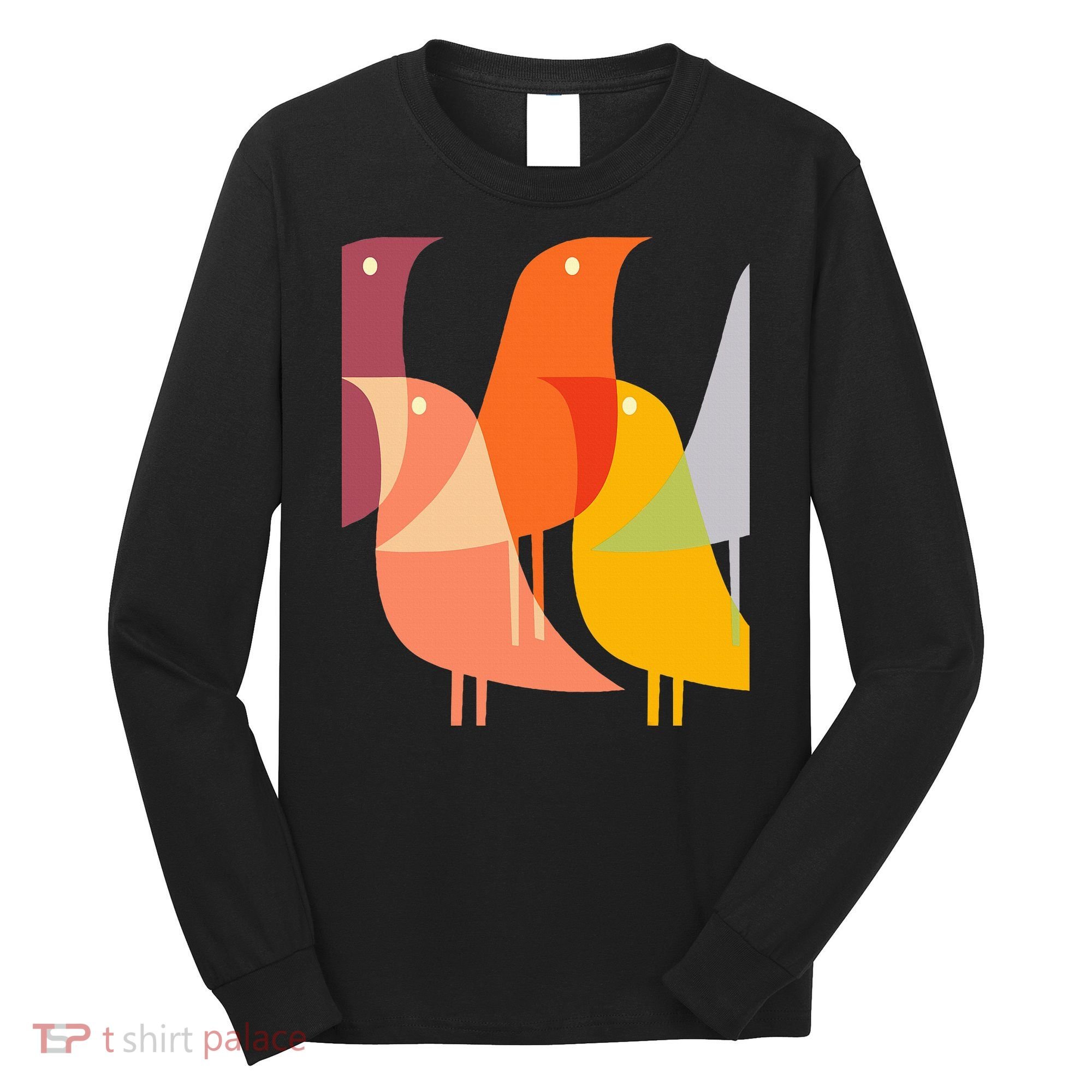 Bird Print Art Deco 60s Style Minimal Hippy Retro Cool Long Sleeve Shirt