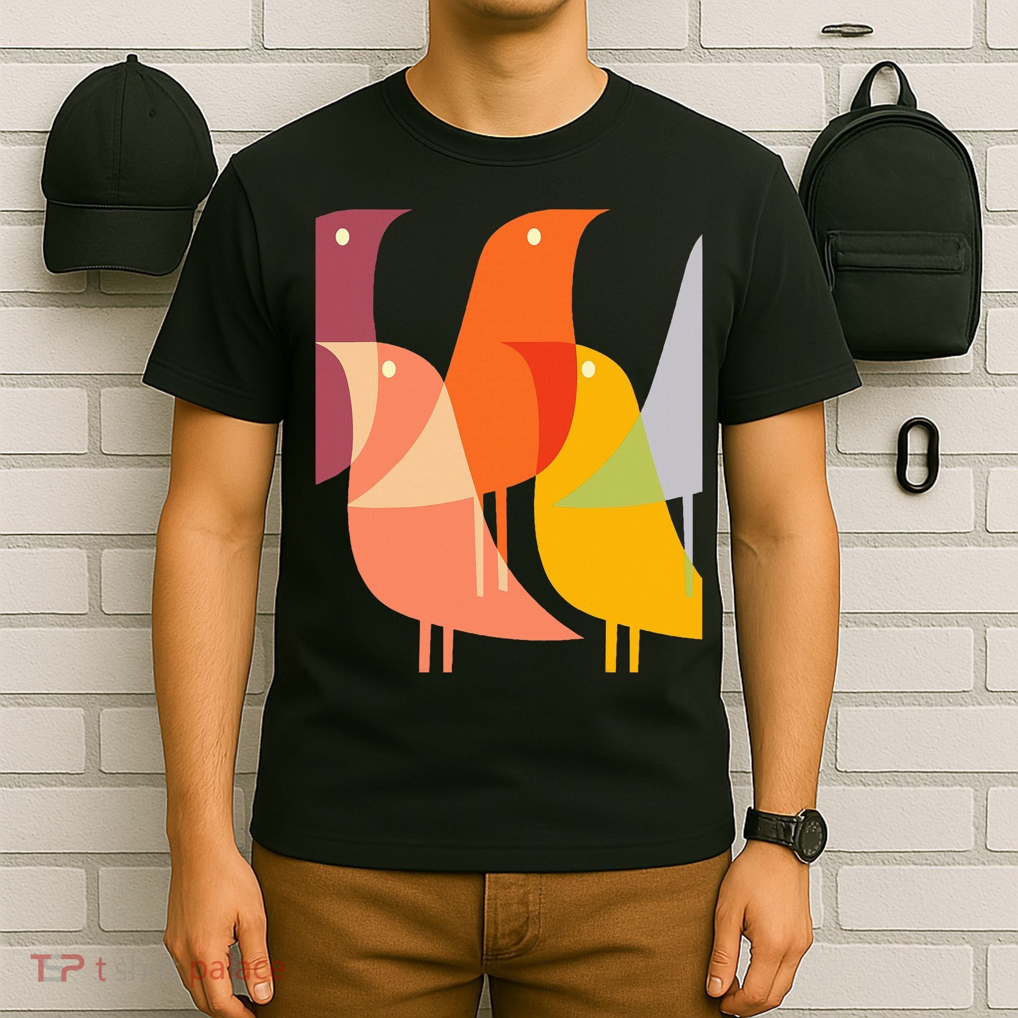 Bird Print Art Deco 60s Style Minimal Hippy Retro Cool T-Shirt