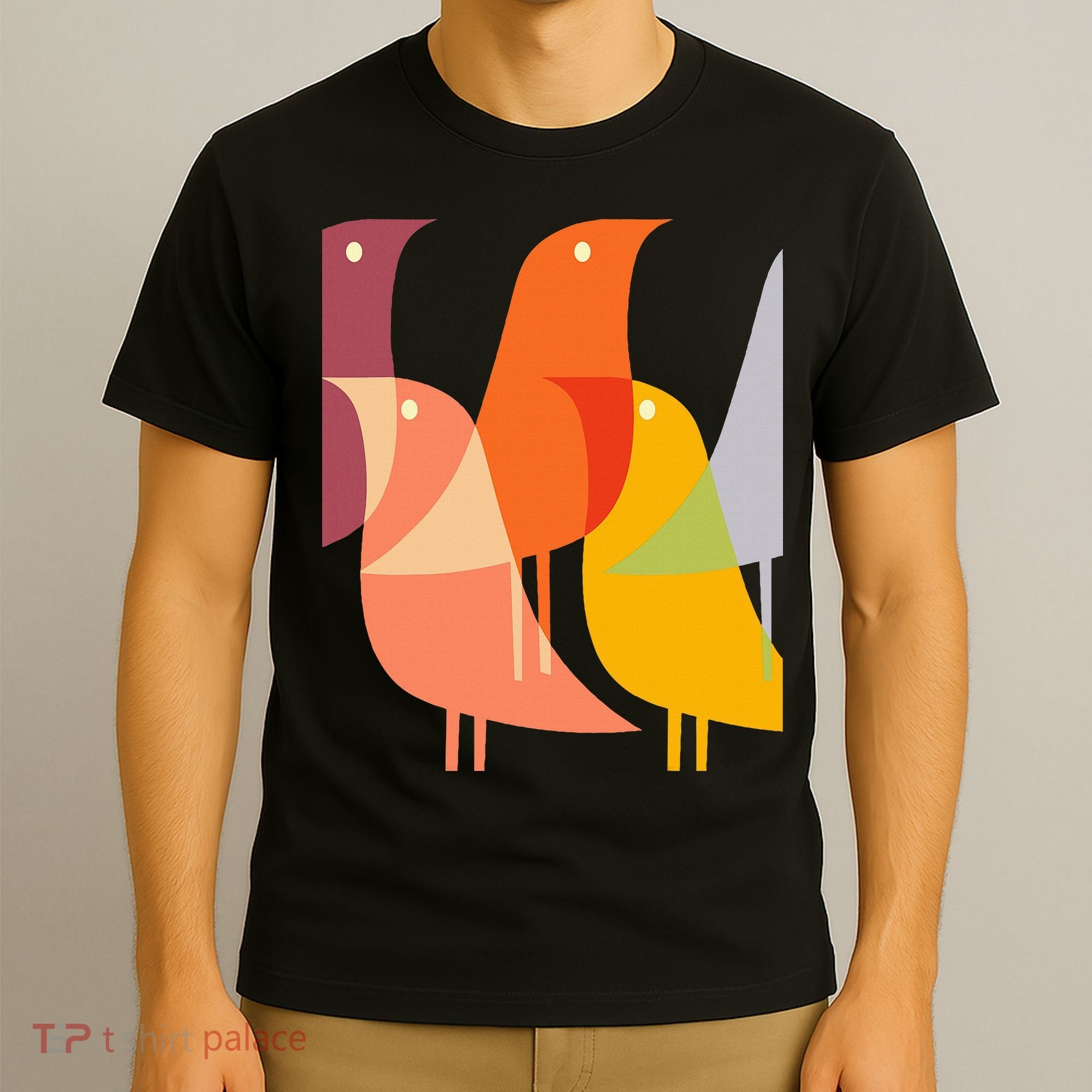 Bird Print Art Deco 60s Style Minimal Hippy T-Shirt