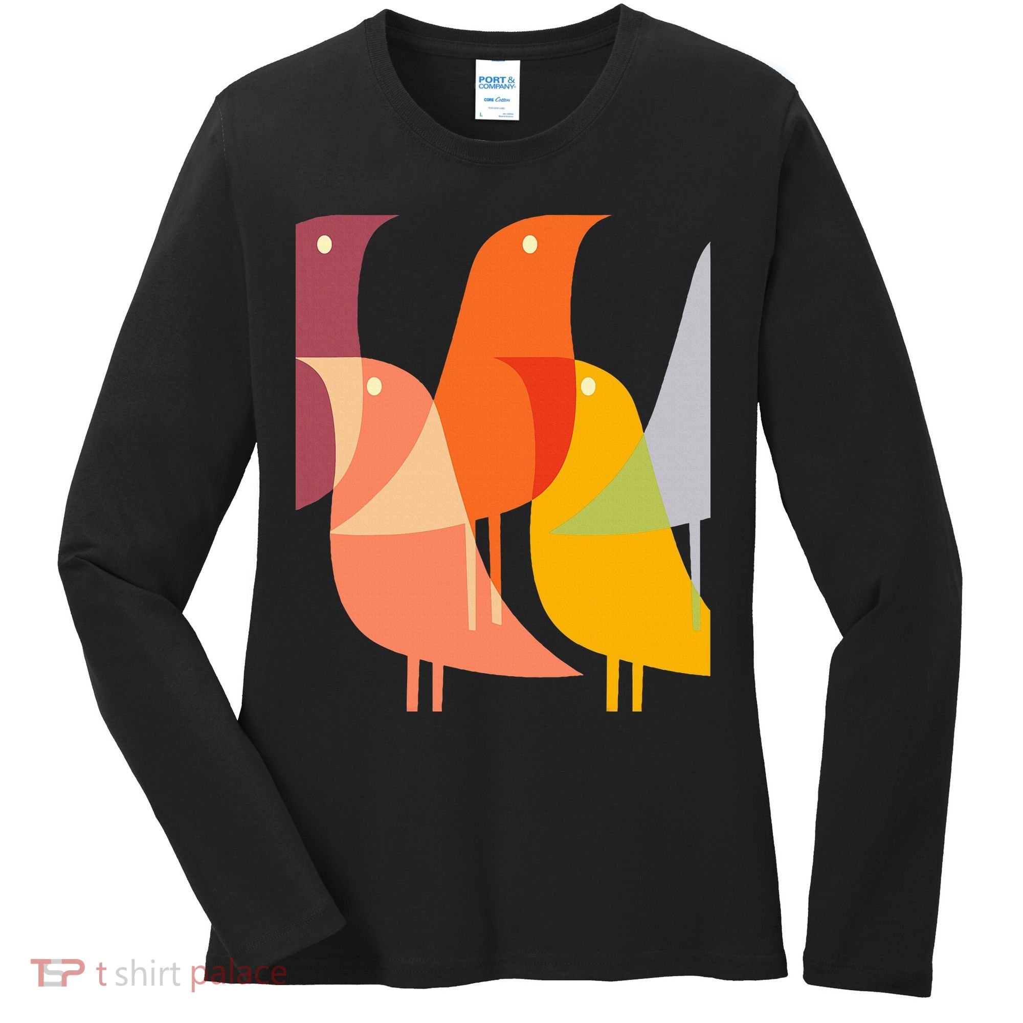 Bird Print Art Deco 60s Style Minimal Hippy Women's Long Sleeve Shirt
