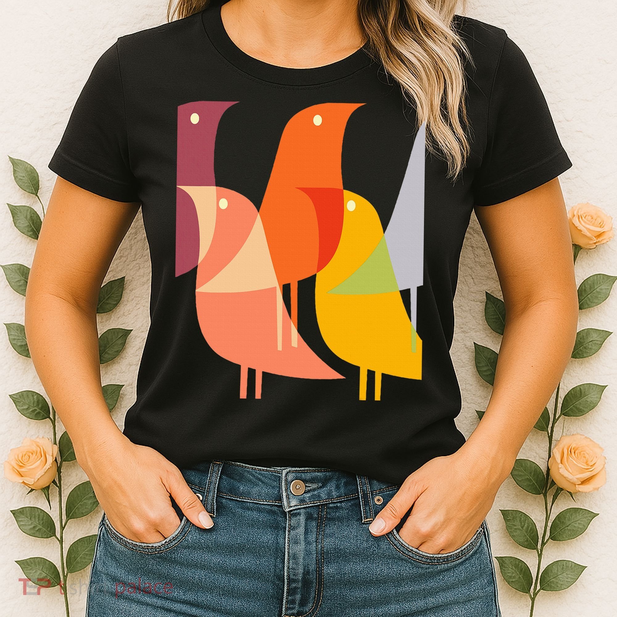 Bird Print Art Deco 60s Style Minimal Hippy Women's T-Shirt